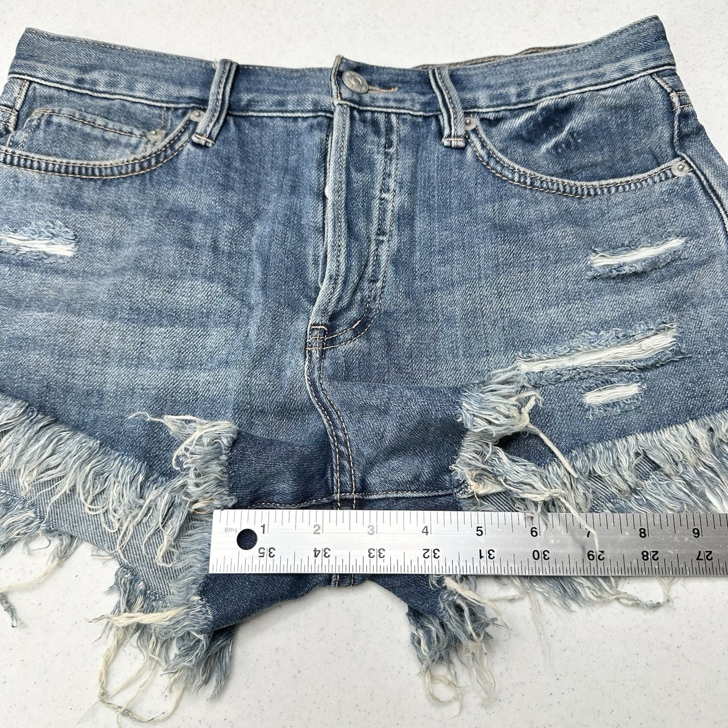 We The Free People Shorts Womens 26 Blue Denim Button Fly Distress Anthropologie