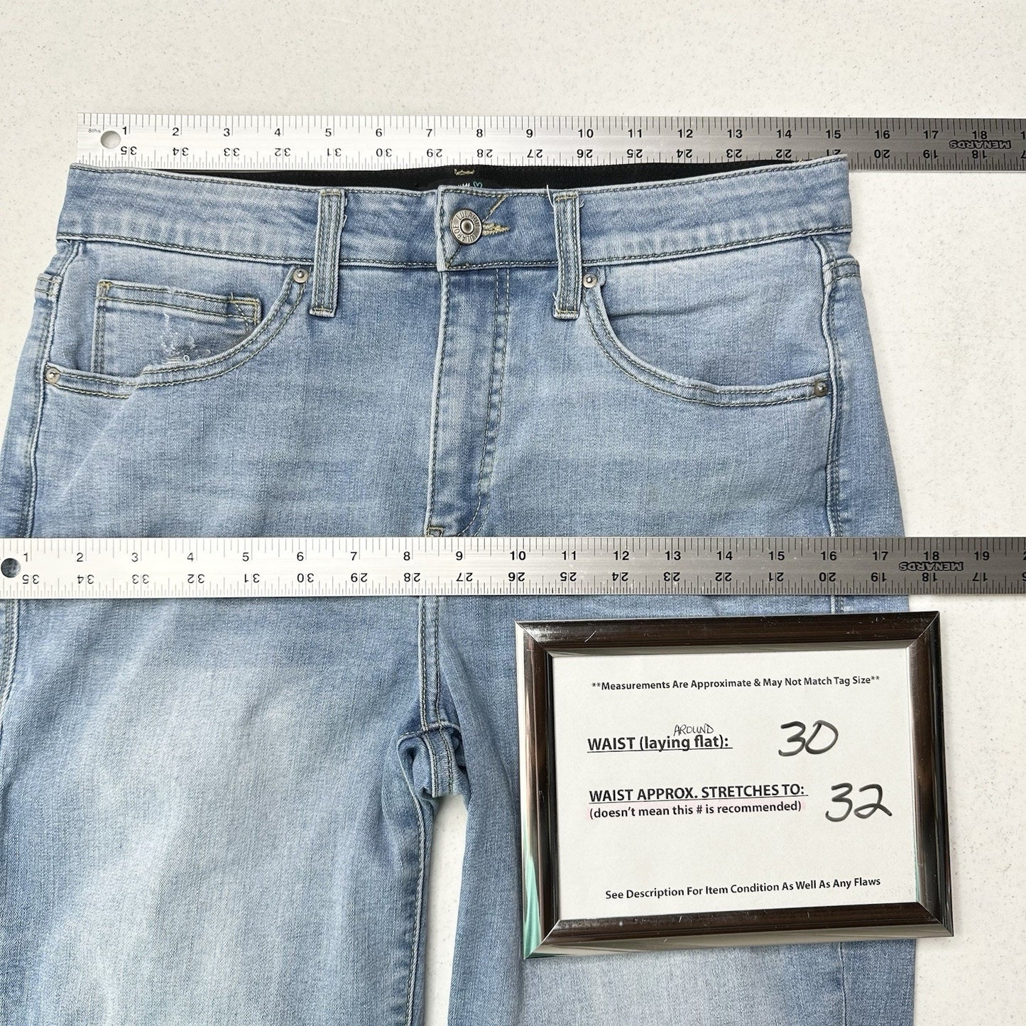 Lularoe Shorts 30 US 10 12 Skinny Bermuda Cuffed Blue Denim Tummy Panel Distress