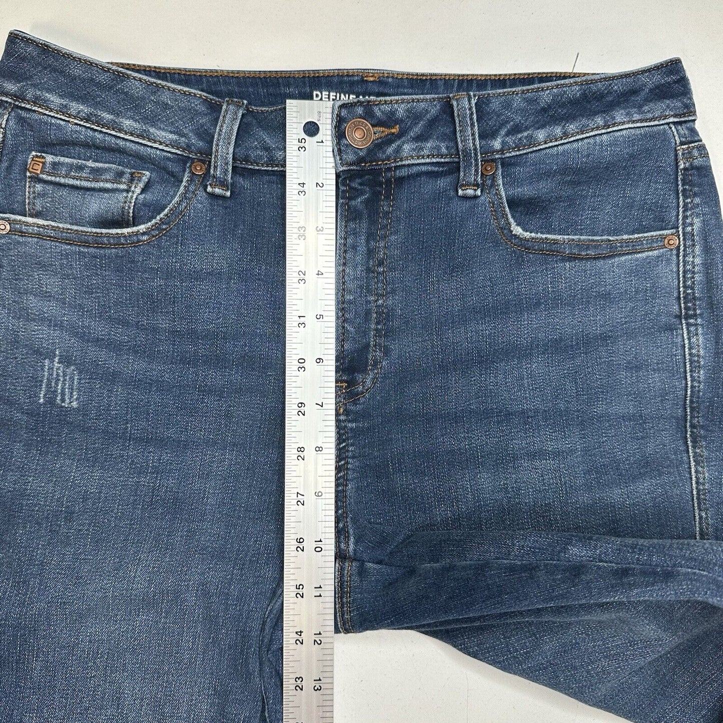 Chicos Jeans 1.5 Petite US 10 Define Me Flare Blue Denim Distress Western Cowboy