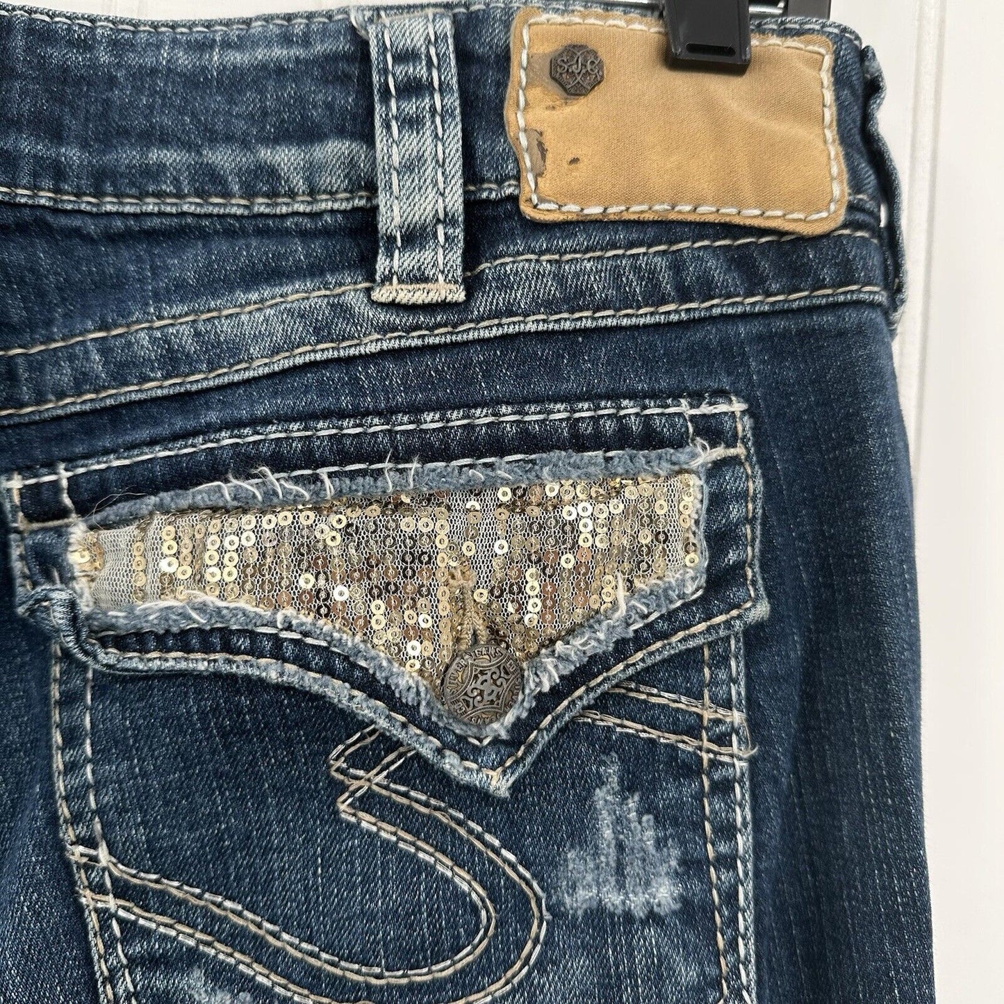 Silver Jeans Womens 30 Suki Boot Surplus Blue Bootcut Denim Western Gold Sequins