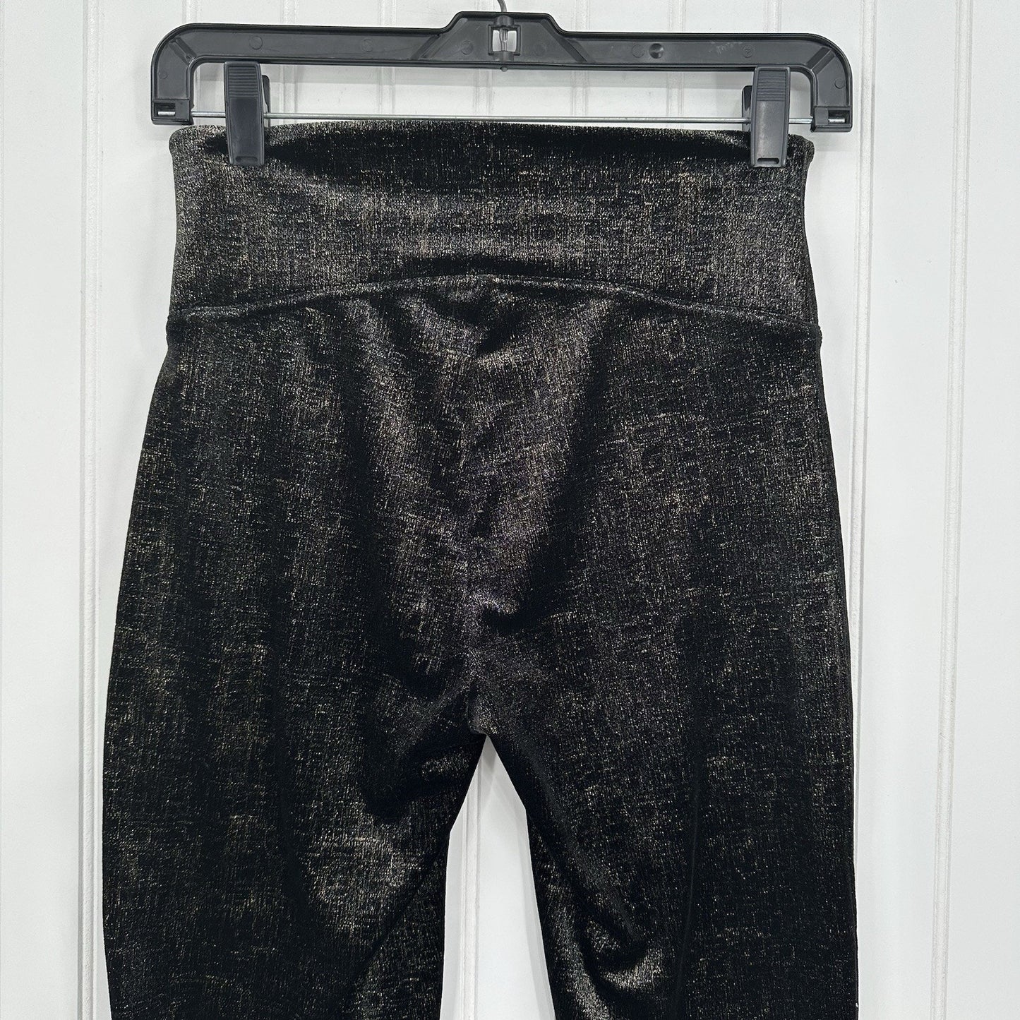 Spanx Leggings Women Velvet Shine Pants Black Gold Metallic Pull On Slimming EUC