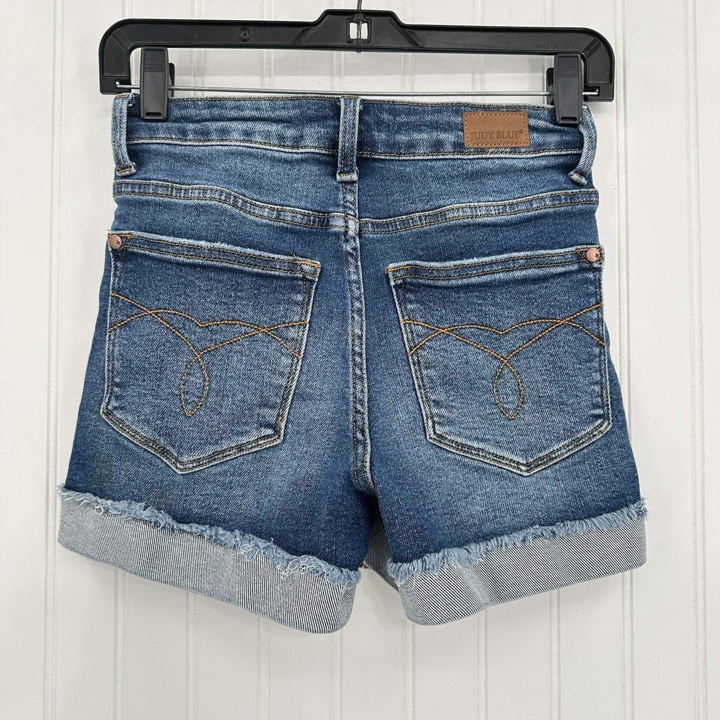 Judy Blue Shorts Womens XS Cuffed Blue Jean Denim Distressed Bandana Print *Flaw