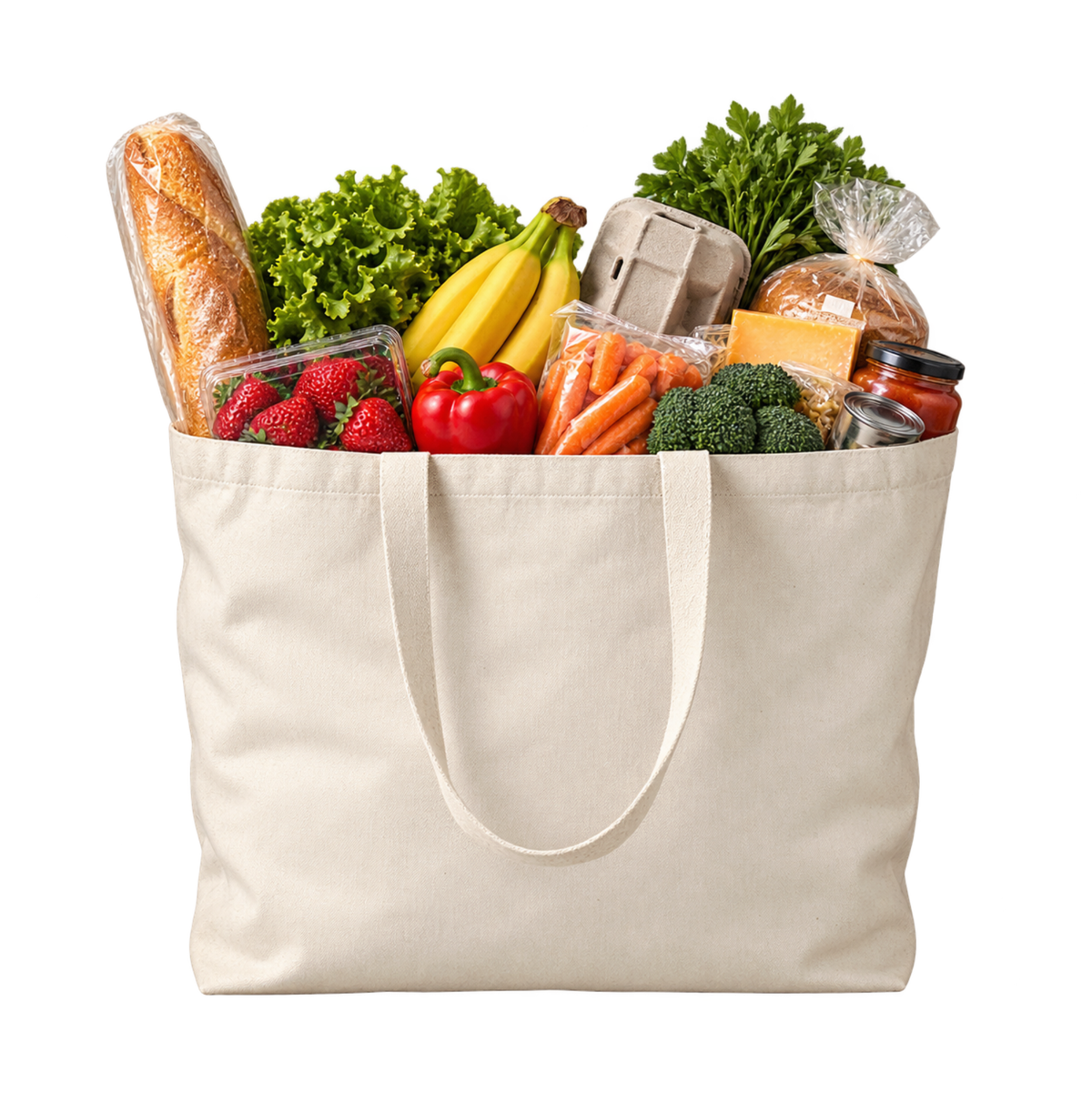 A large off-white canvas grocery tote bag filled with assorted fresh groceries, including a baguette, strawberries, bananas, carrots, broccoli, leafy greens, and packaged items, isolated on a white background.