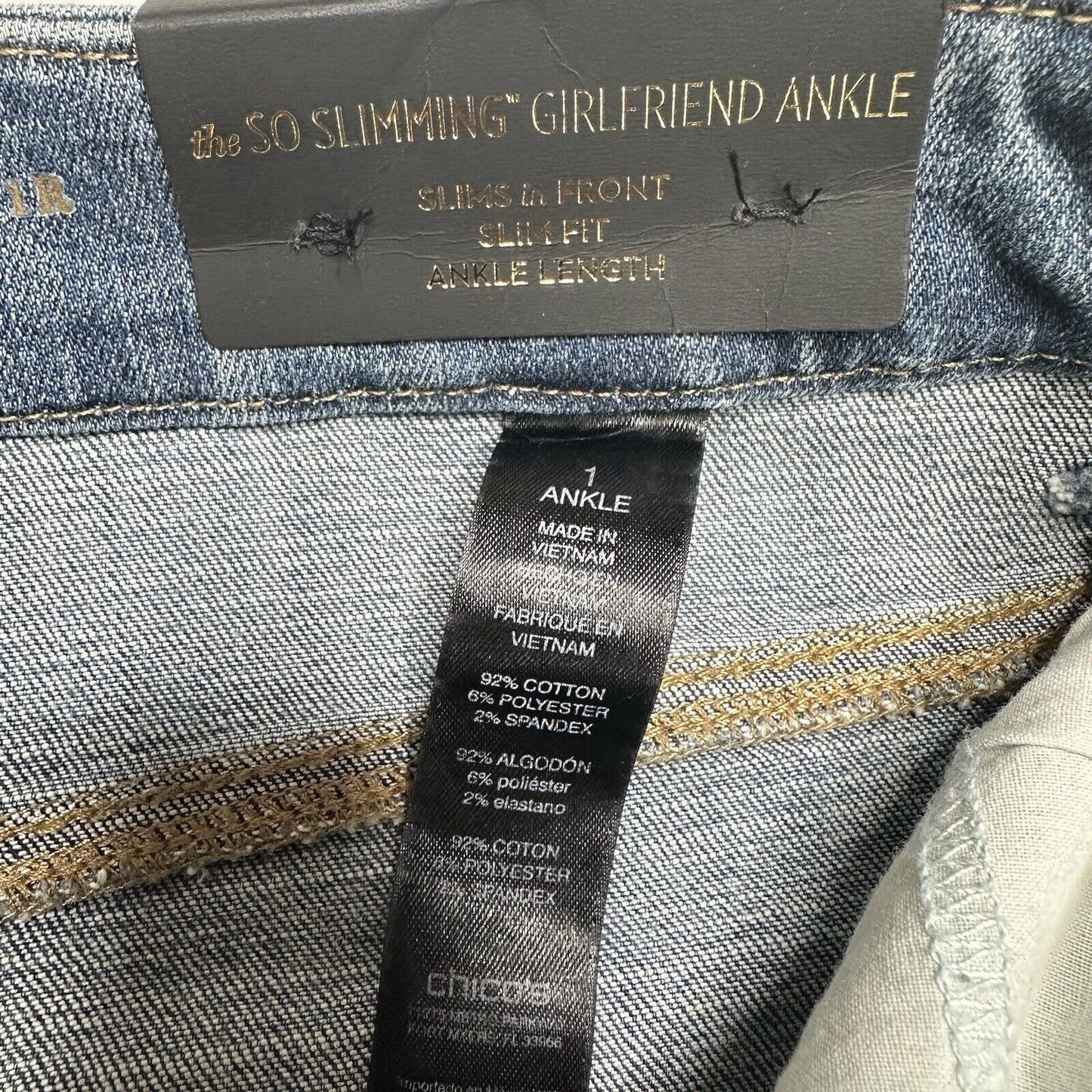 Chicos Jeans 1 US 8 So Slimming Girlfriend Ankle Stretch Blue Denim Distress NEW