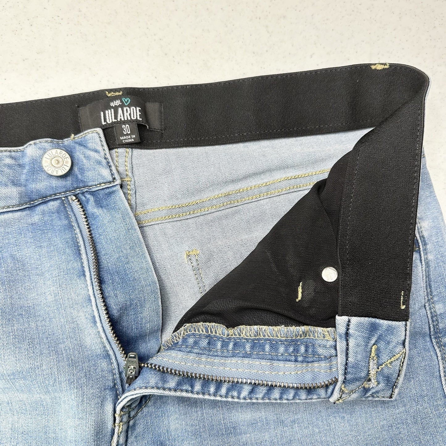Lularoe Shorts 30 US 10 12 Skinny Bermuda Cuffed Blue Denim Tummy Panel Distress
