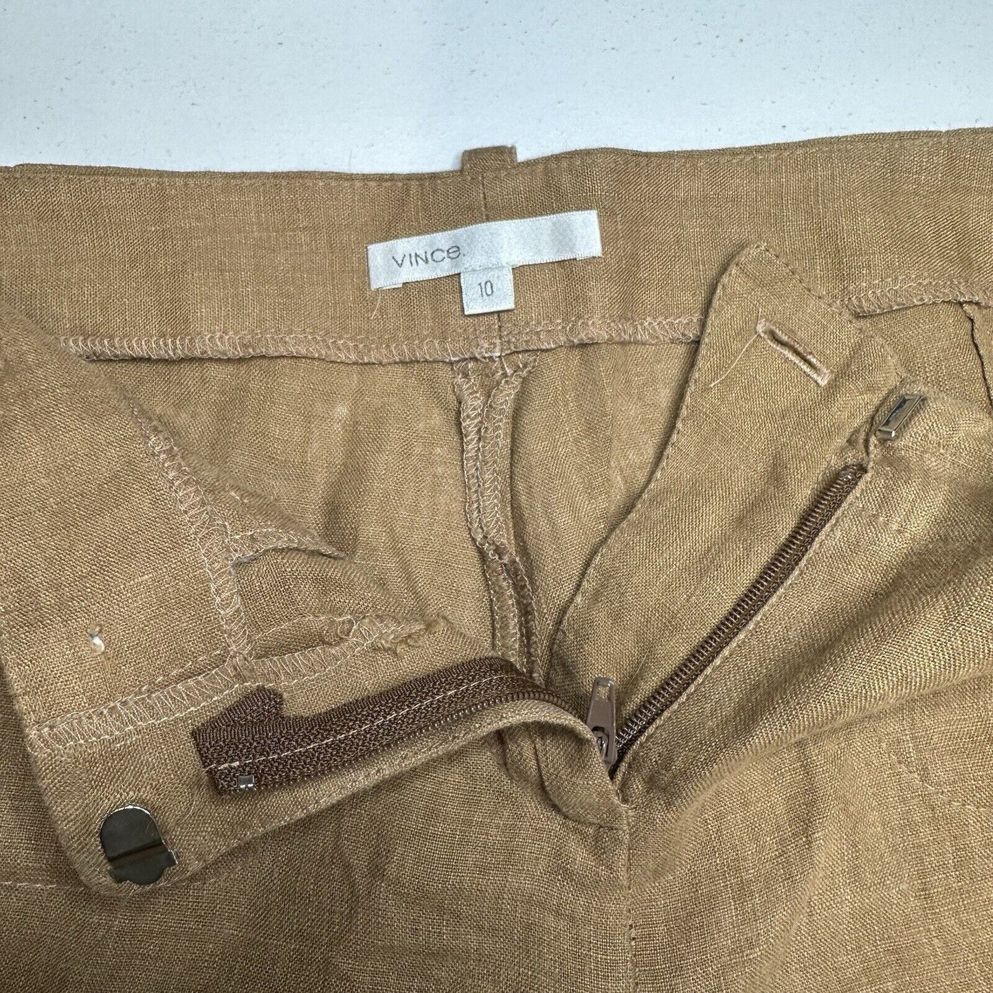 Vince Pants Womens 10 Linen Brown Wide Flare Trouser Relaxed Coastal Beach *Flaw