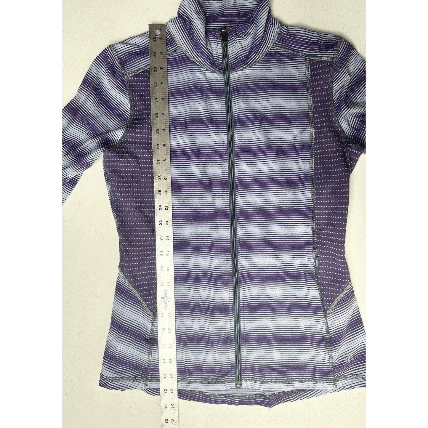 Title Nine Sweater Womens Small Full Zip Top Purple Stripes Jacket Thumbholes