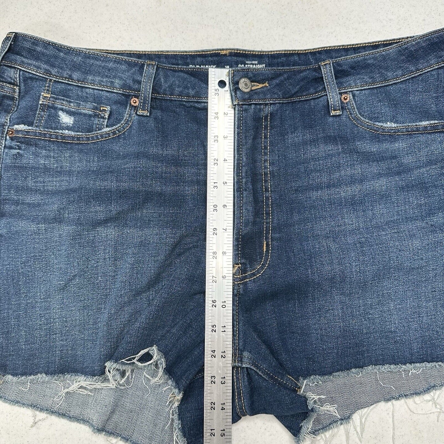 Old Navy Shorts Womens 18 OG Straight High Rise Blue Stretch Denim Jean Fray NEW
