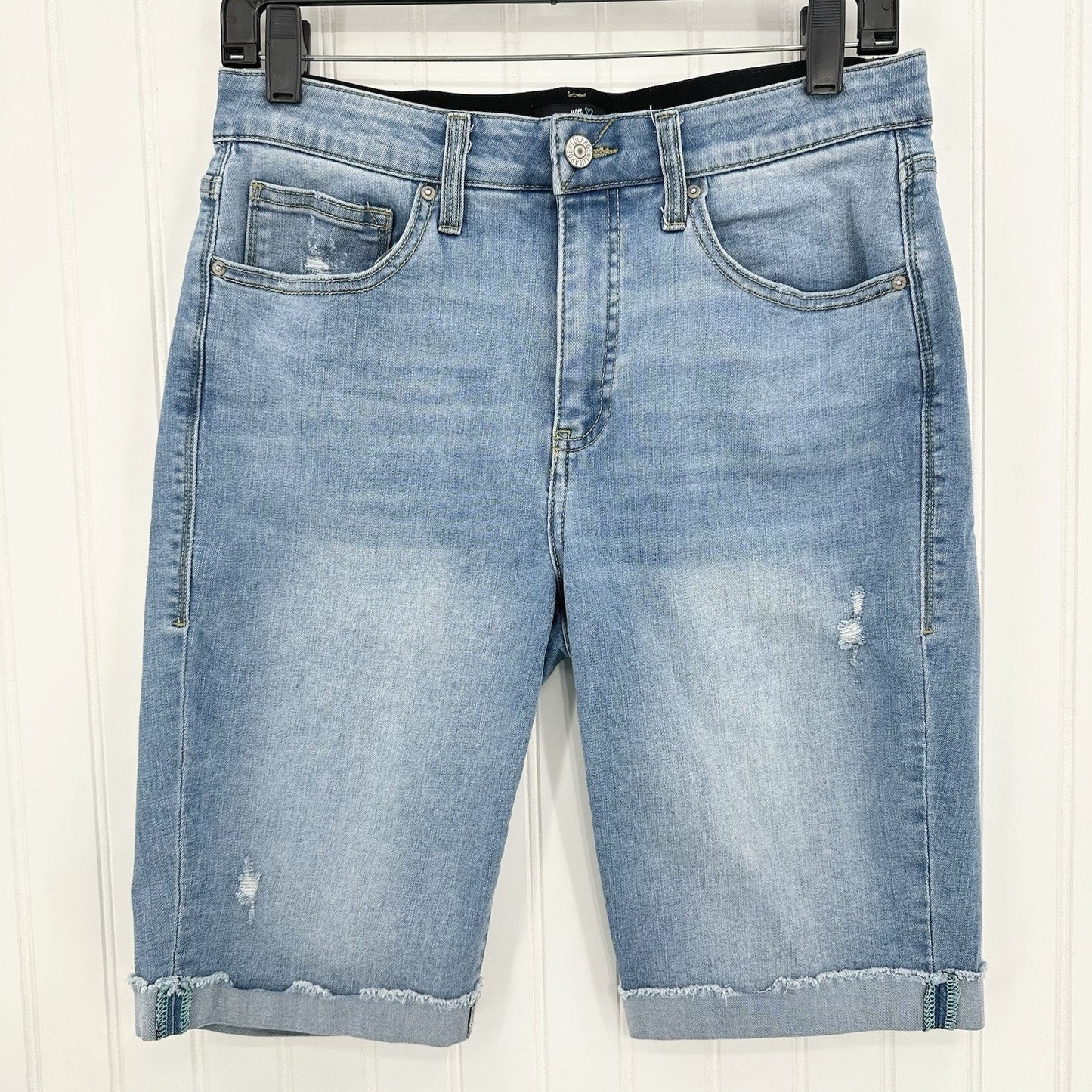 Lularoe Shorts 30 US 10 12 Skinny Bermuda Cuffed Blue Denim Tummy Panel Distress