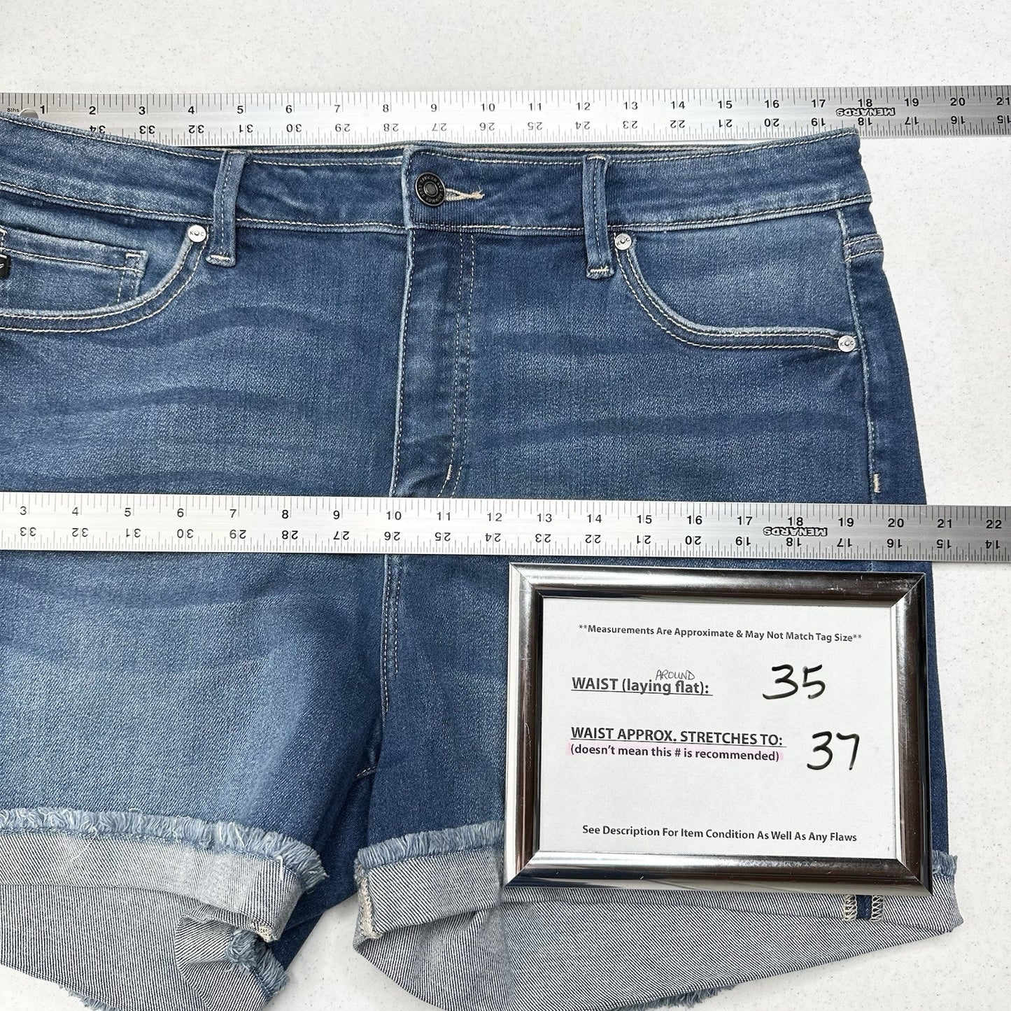 Kancan Shorts Womens 16W Cuffed Blue Denim Jean 4" Stretch Comfort Fringe EUC