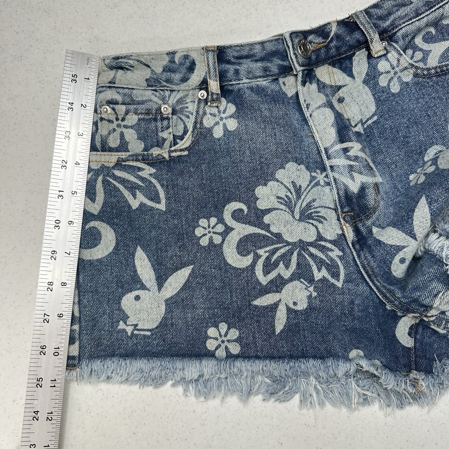 PlayBoy Pacsun Shorts Womens 27 Blue Jean Denim Fringe 90s Grunge Floral Bunny