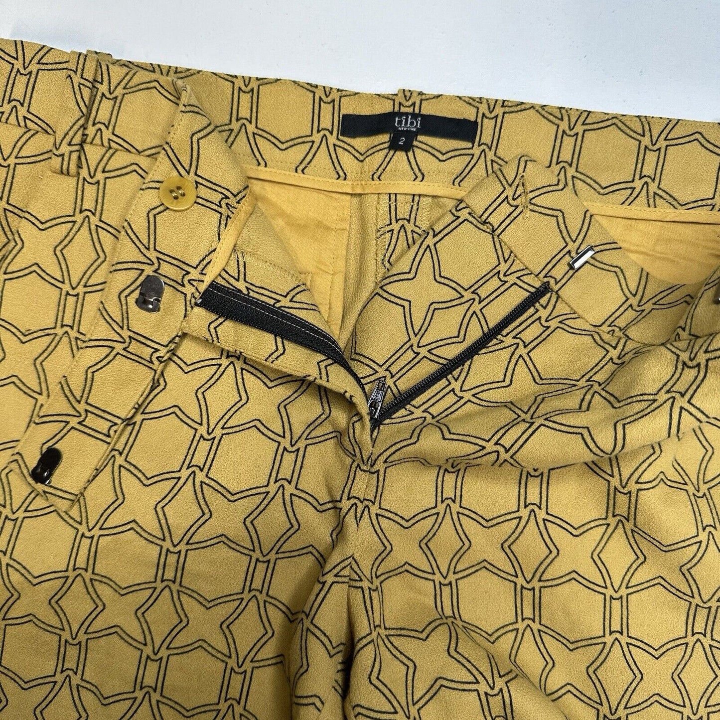 Tibi Pants Womens 2 Slim Crop Mustard Yellow Cotton Throwing Stars Career Preppy