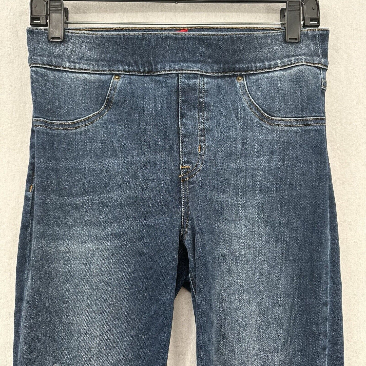 Spanx Jeans Women Medium Ankle Skinny Blue Pull On Stretch Denim Distressed Fray