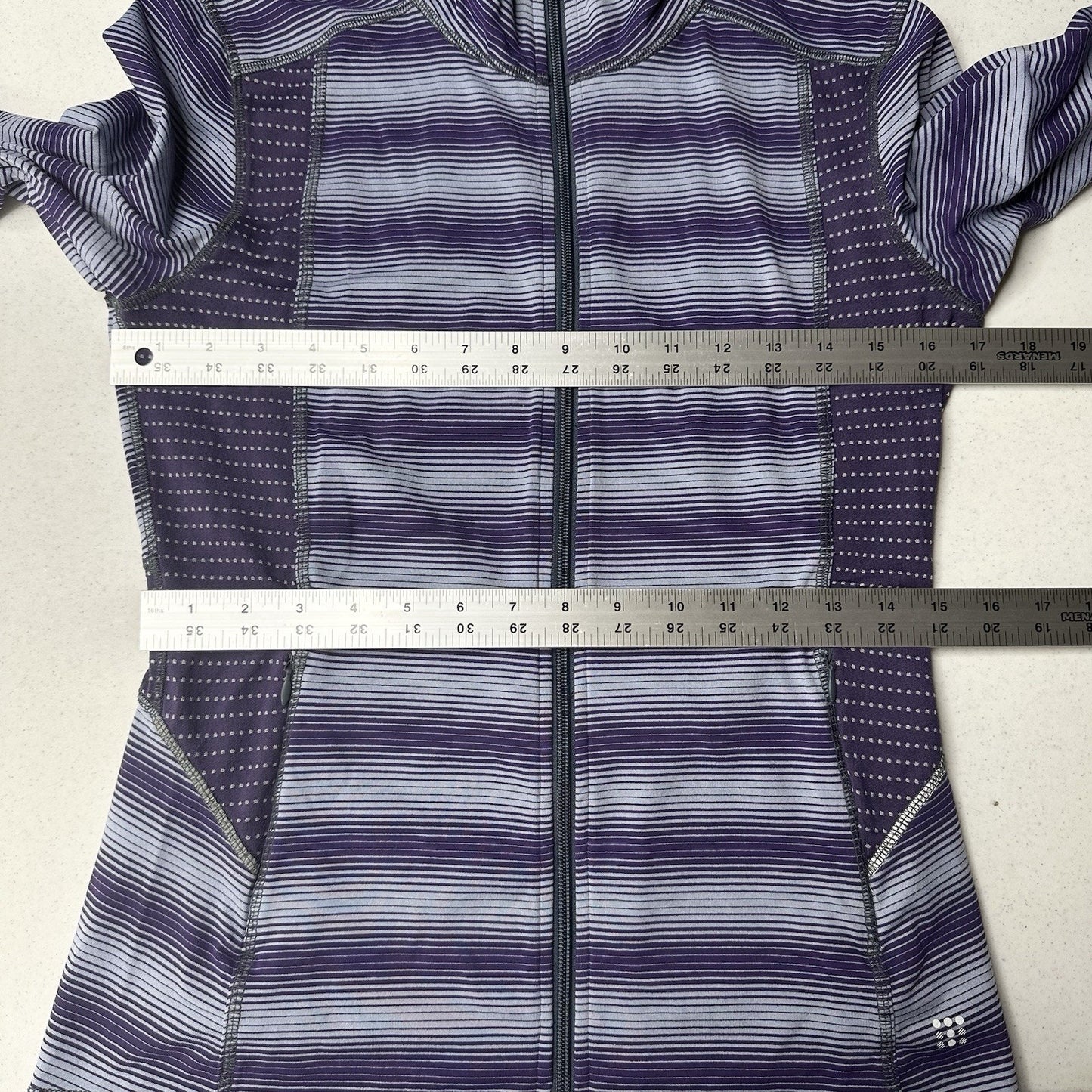 Title Nine Sweater Womens Small Full Zip Top Purple Stripes Jacket Thumbholes