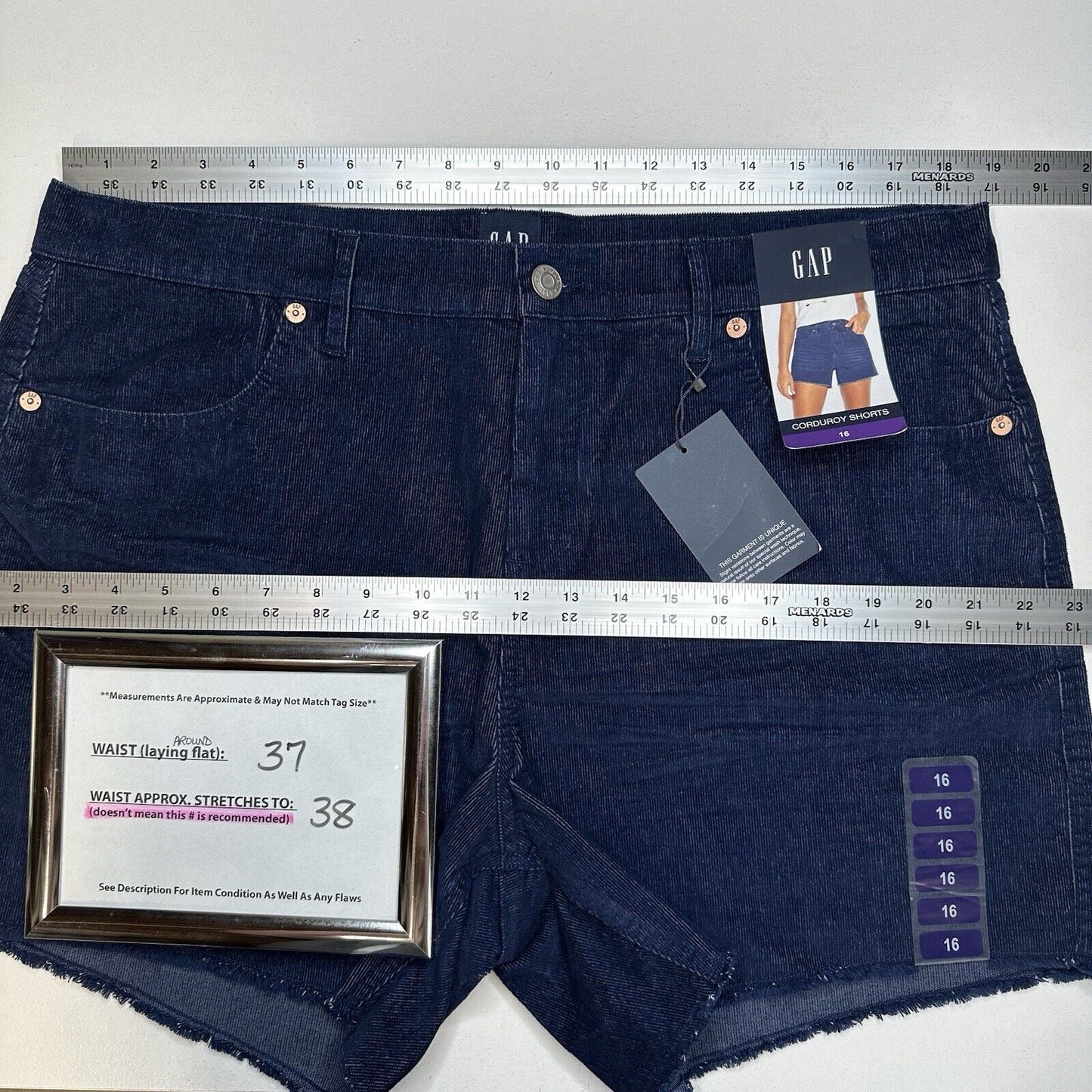 GAP Shorts Womens 16 Corduroy Relaxed Cut Off Dark Blue Fray Hem Preppy NEW