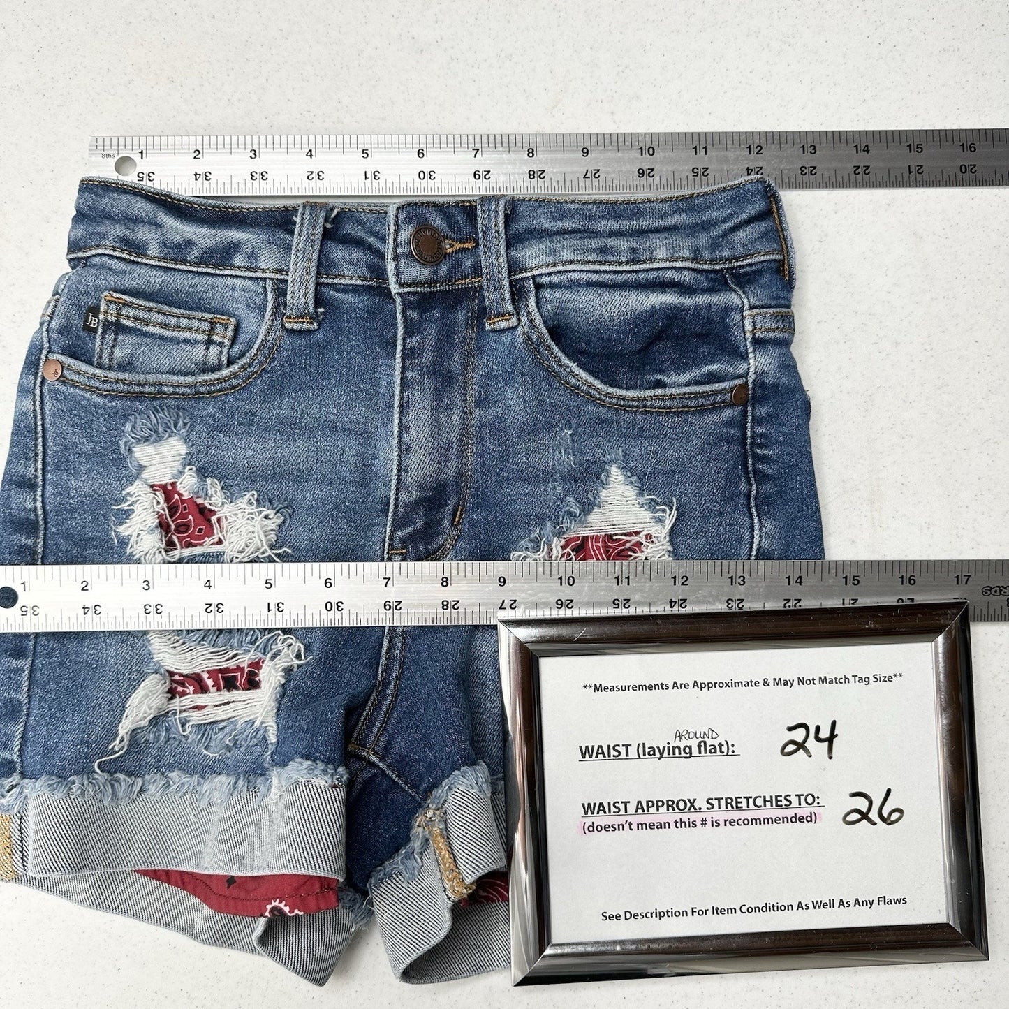 Judy Blue Shorts Womens XS Cuffed Blue Jean Denim Distressed Bandana Print *Flaw