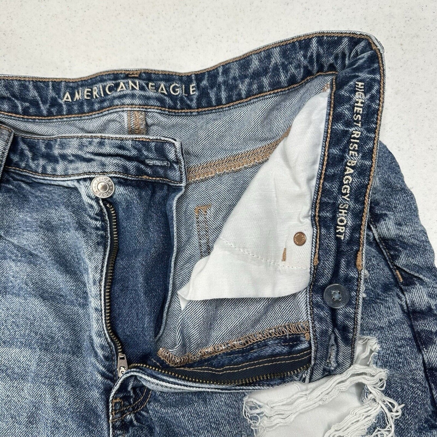 American Eagle Shorts 14 Highest Rise Baggy Midi Blue Denim Distressed Grunge