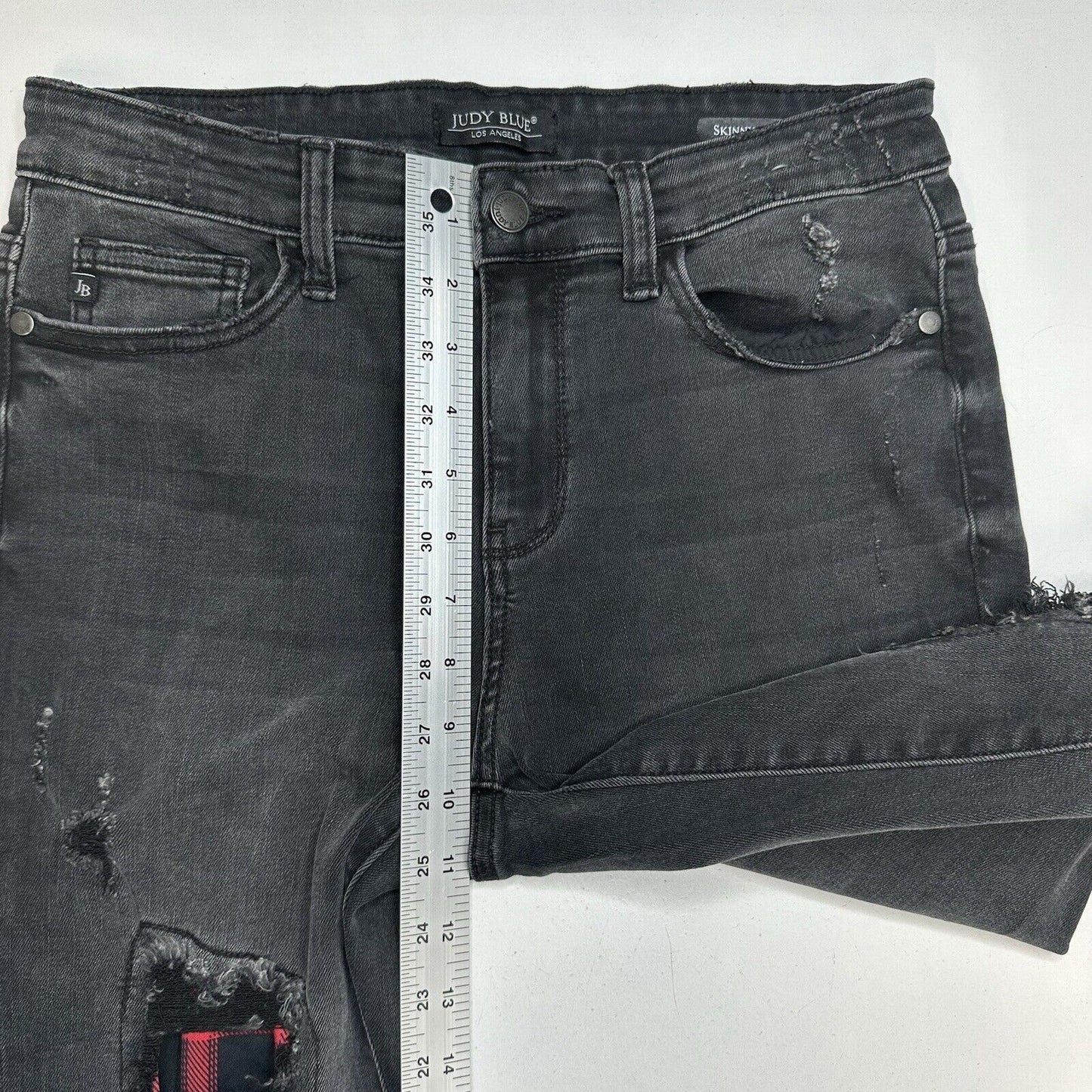Judy Blue Jeans 9 29 Skinny Black Stretch Denim Red Buffalo Plaid Patch Distress