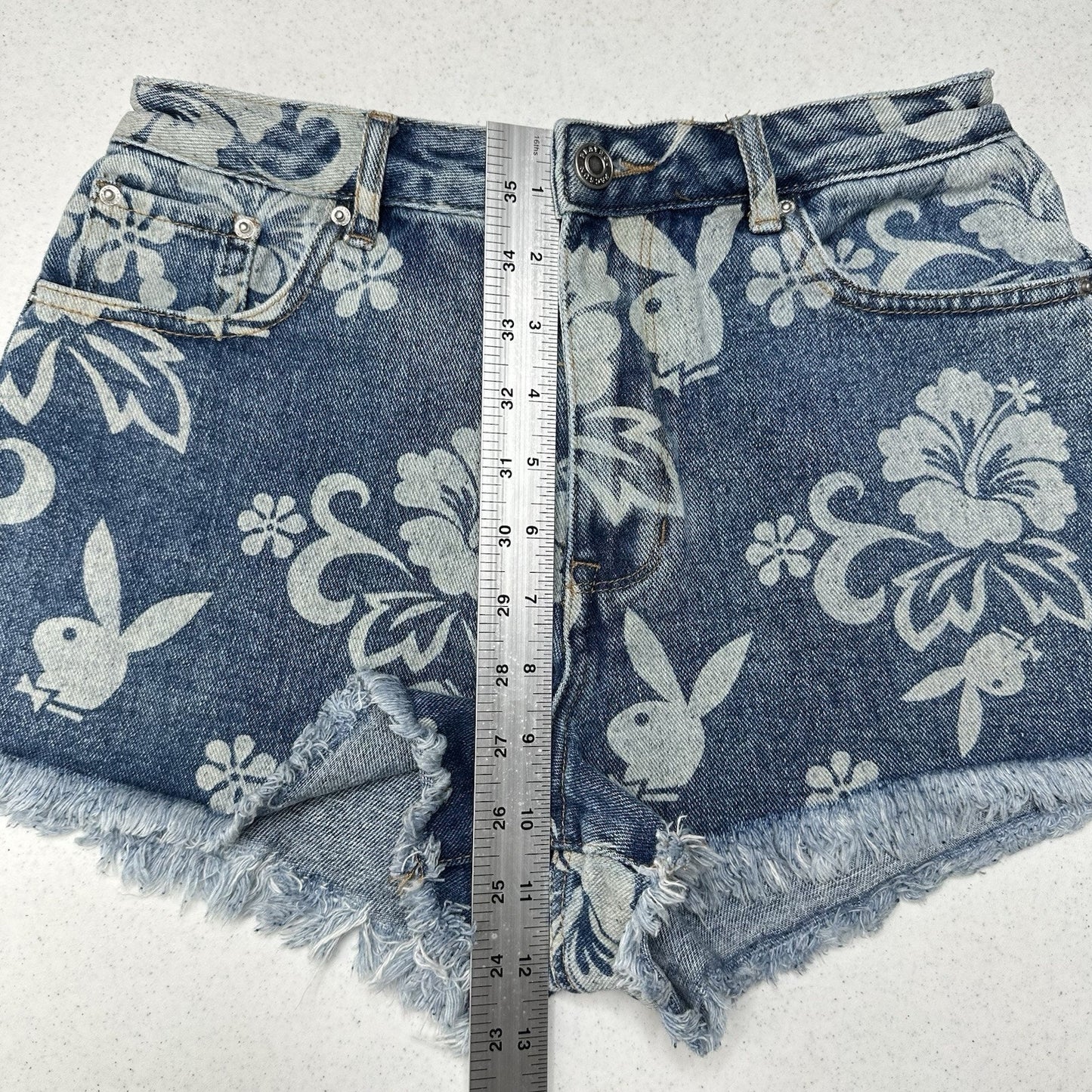 PlayBoy Pacsun Shorts Womens 27 Blue Jean Denim Fringe 90s Grunge Floral Bunny