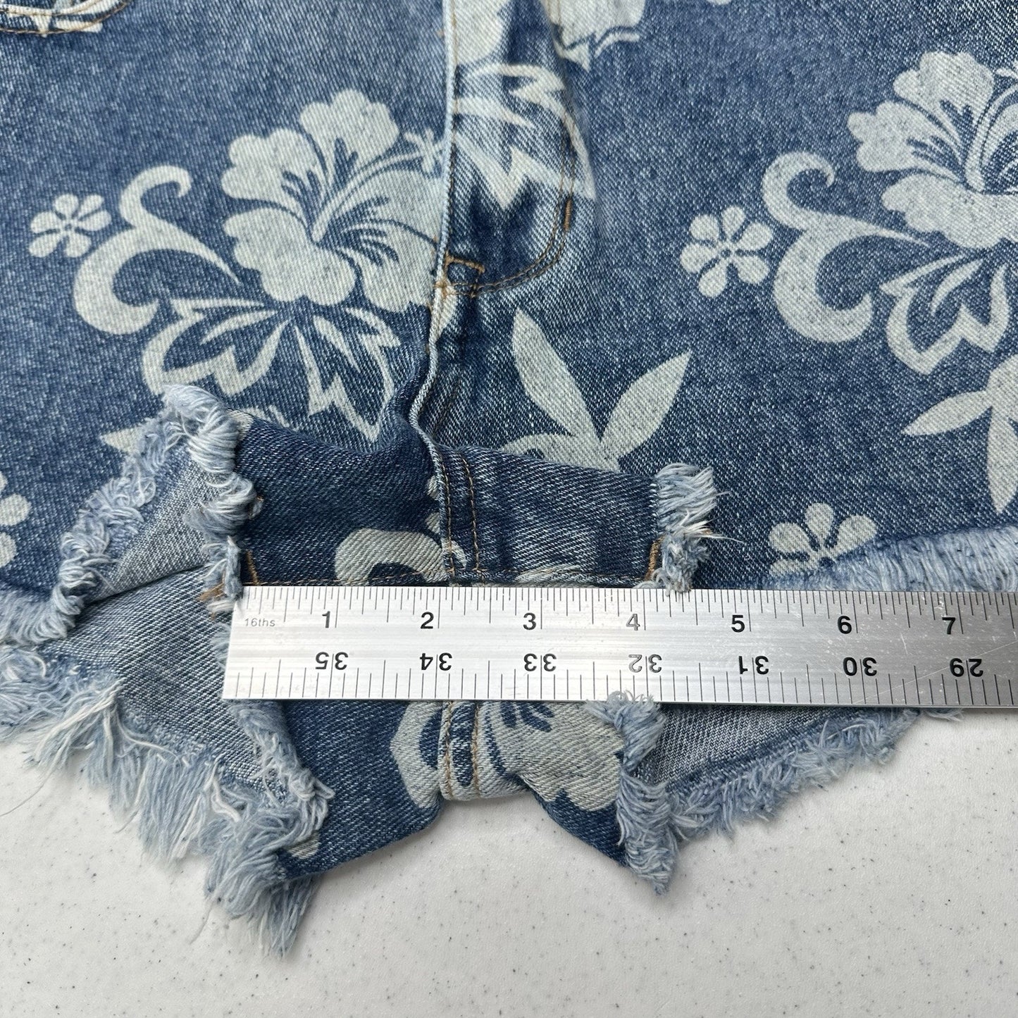 PlayBoy Pacsun Shorts Womens 27 Blue Jean Denim Fringe 90s Grunge Floral Bunny