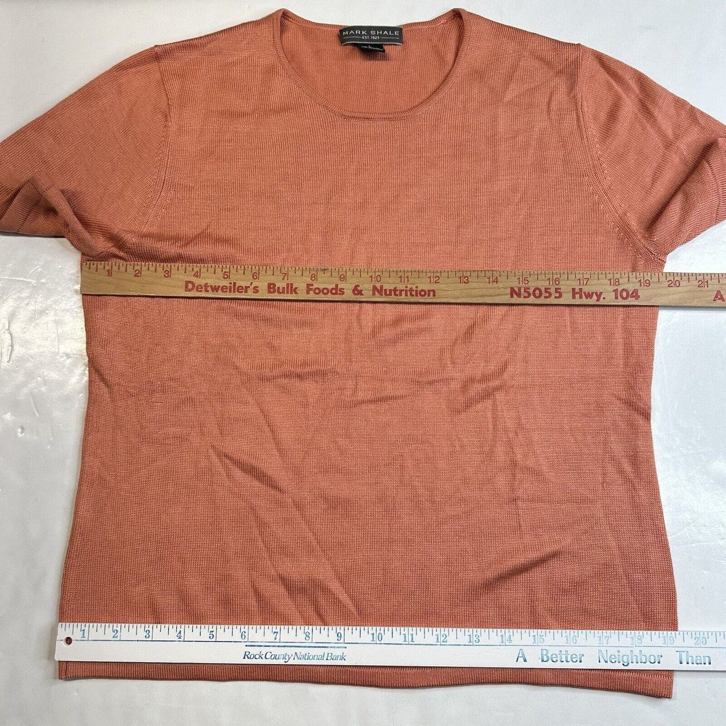 Mark Shale Top Womens Large Orange Silk Short Sleeve Knit Stretch Crewneck Shirt