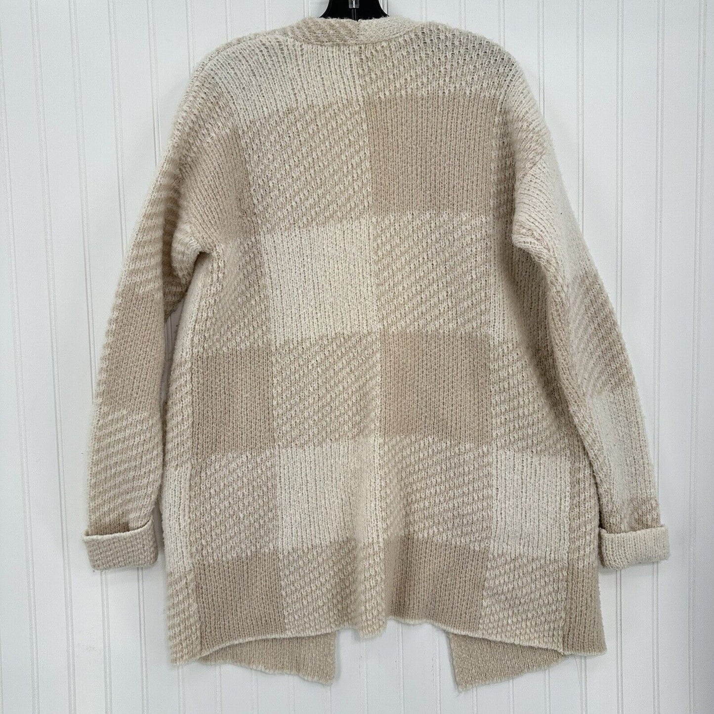 Toad Co Sweater Womens Small Cardigan Wool Blend Plaid Beige Cream Open Cozy