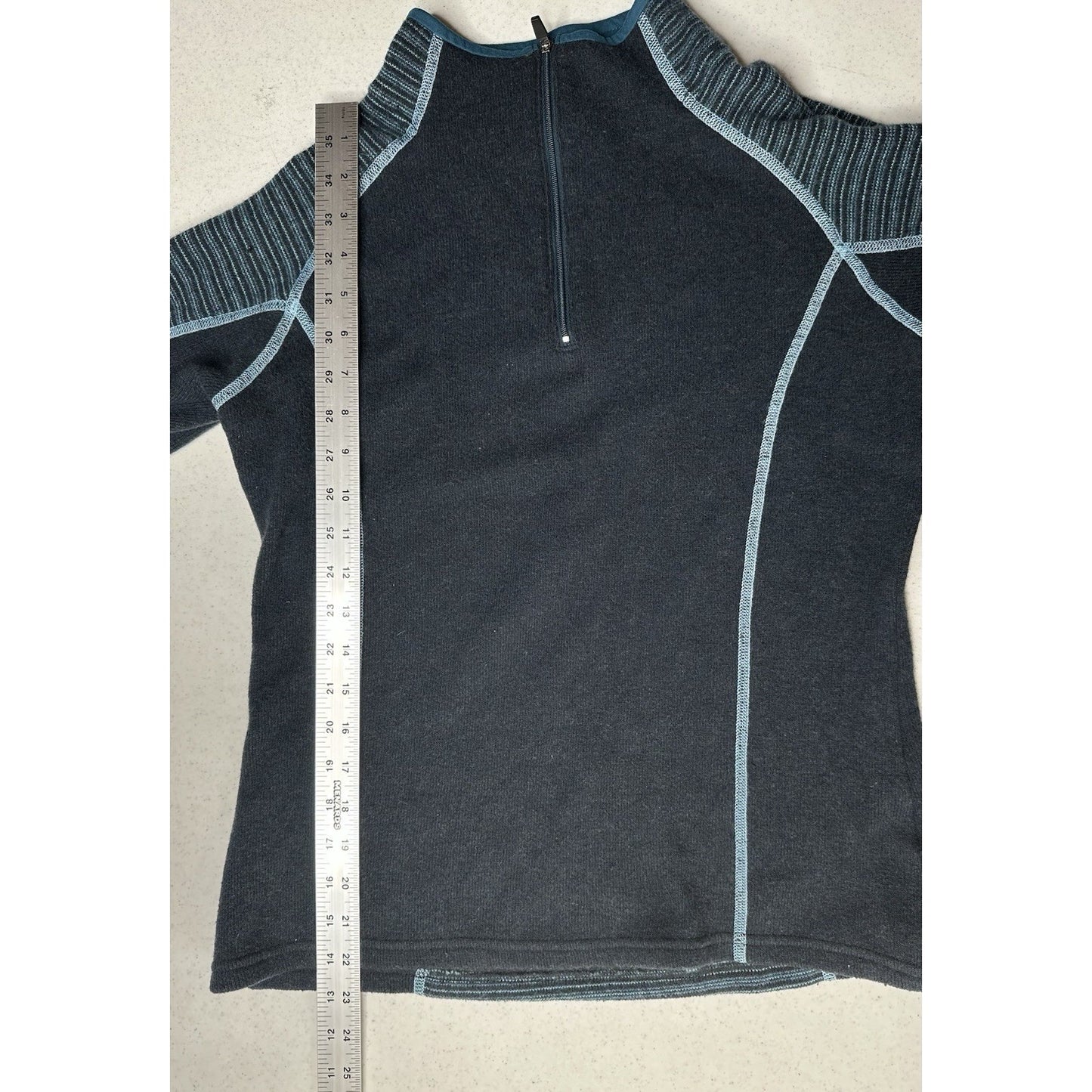 KUHL Sweater Mens M Chianti Fleece 1/4 Zip Blue Wool Blend Long Sleeve Thumbhole