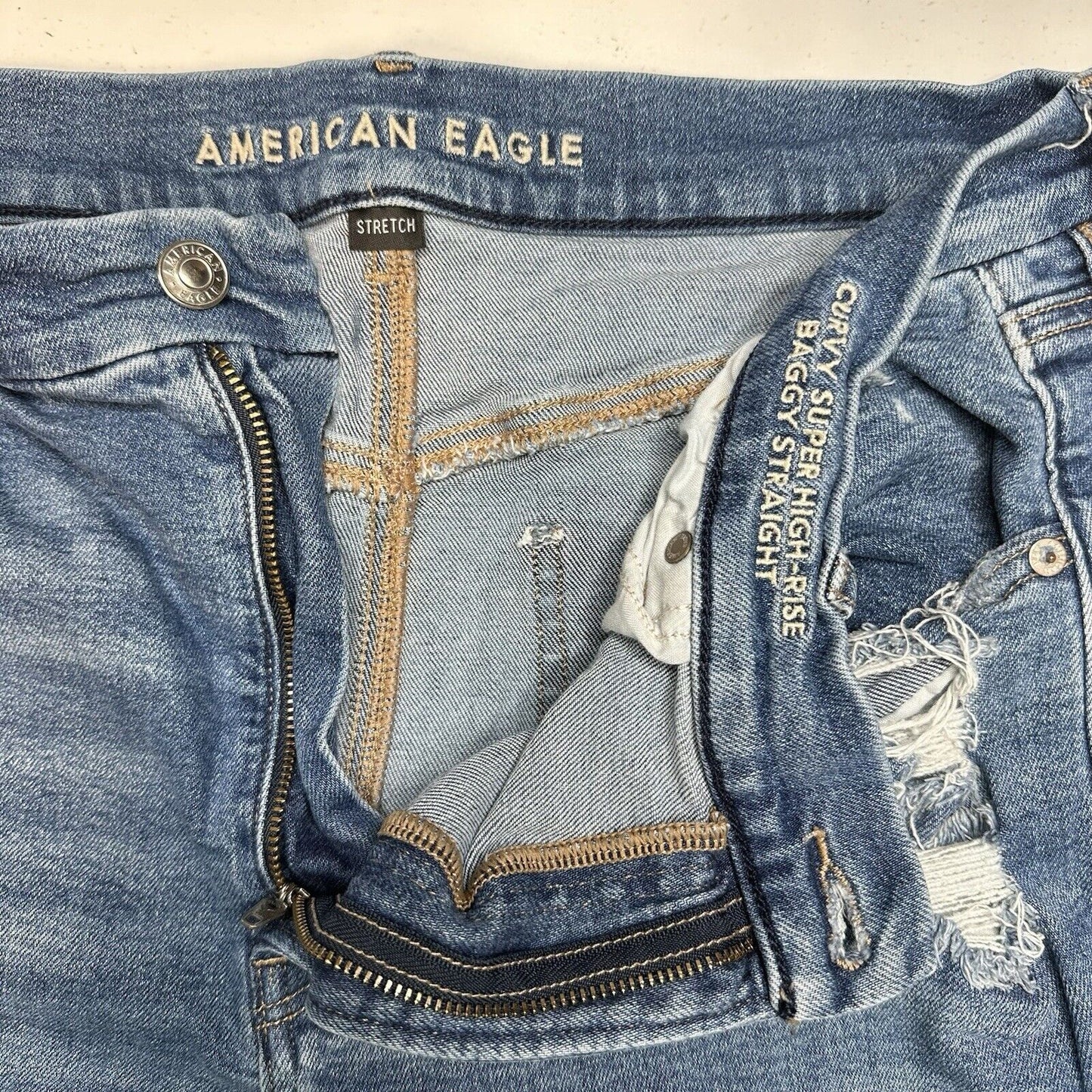 American Eagle Jeans 18 Baggy Straight Curvy Super Hi Rise Denim Distress *Flaw