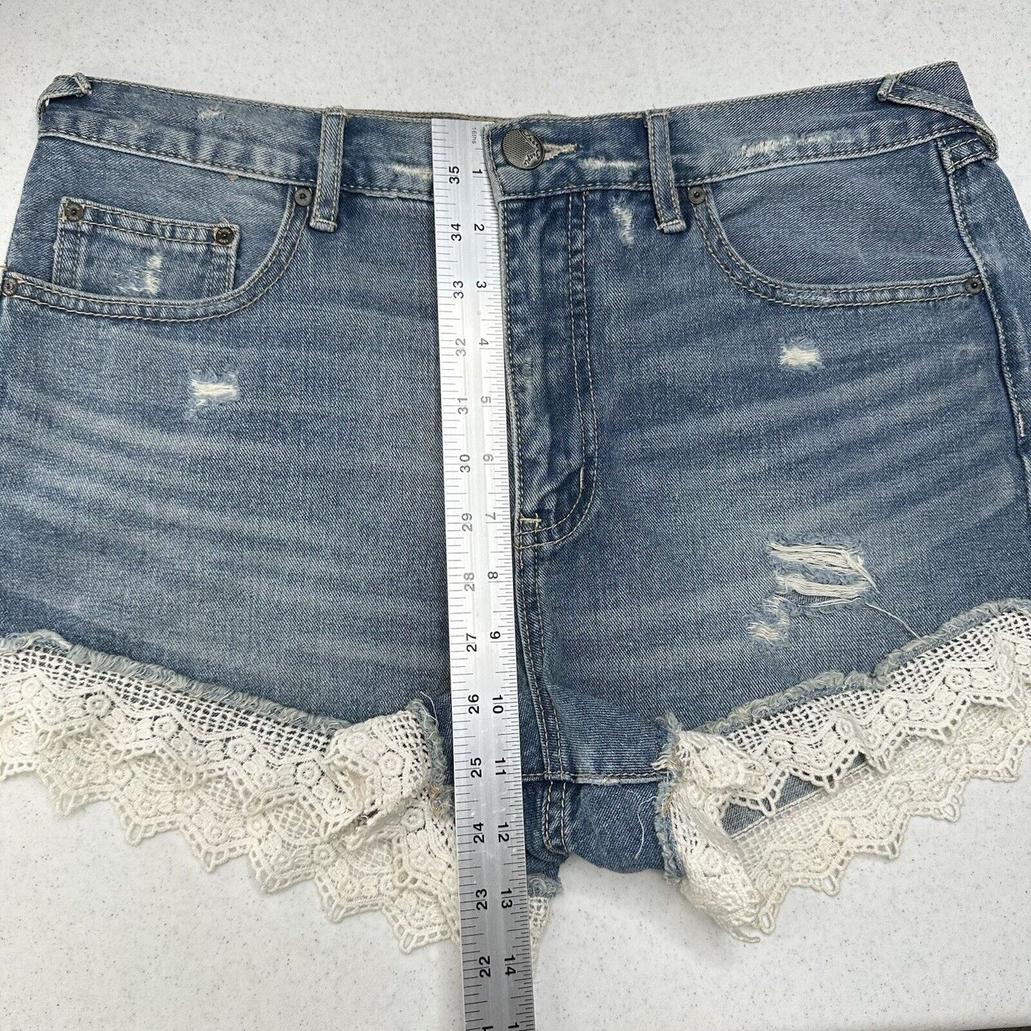 Free People Shorts Womens 29 Crochet High Rise Blue Jean Denim Anthropologie