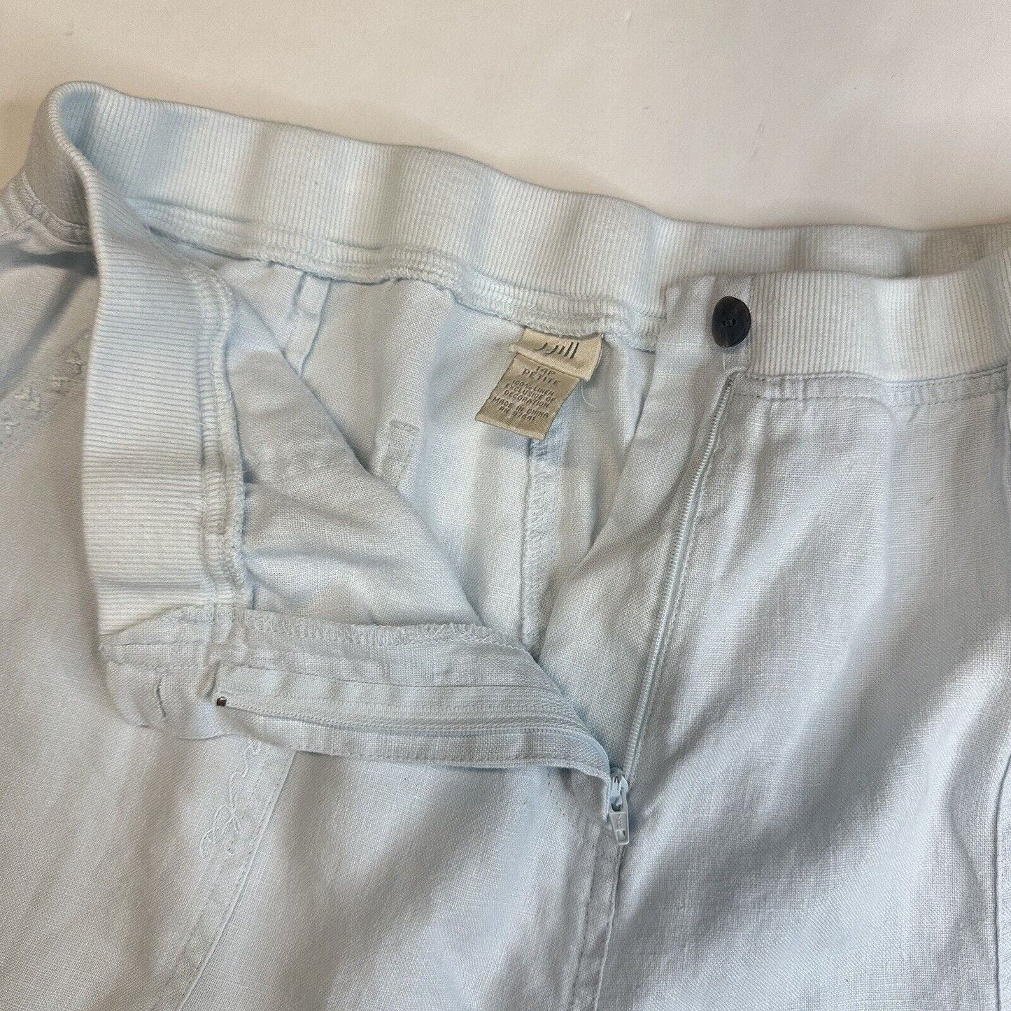 J Jill Linen Pants Womens 14 Petite Light Blue Wide Leg Ankle Floral Embroidery