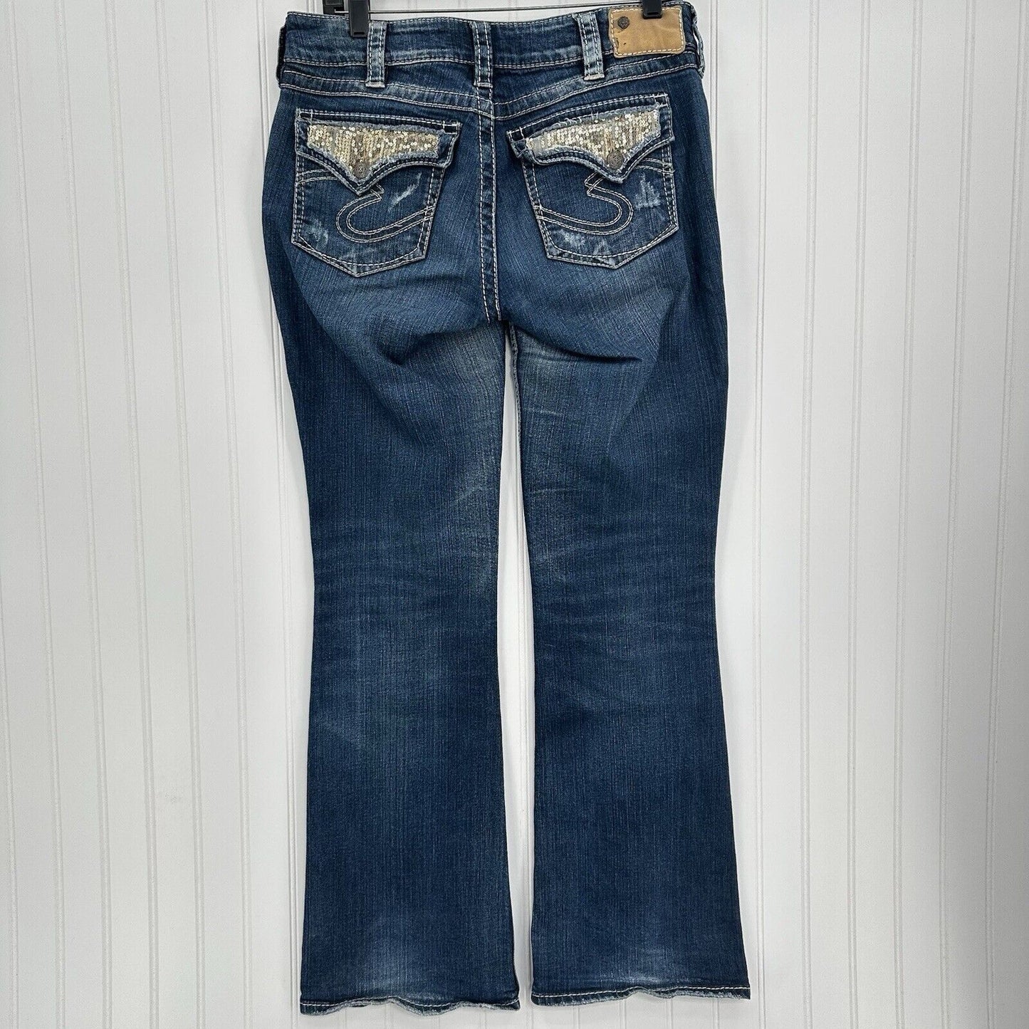Silver Jeans Womens 30 Suki Boot Surplus Blue Bootcut Denim Western Gold Sequins