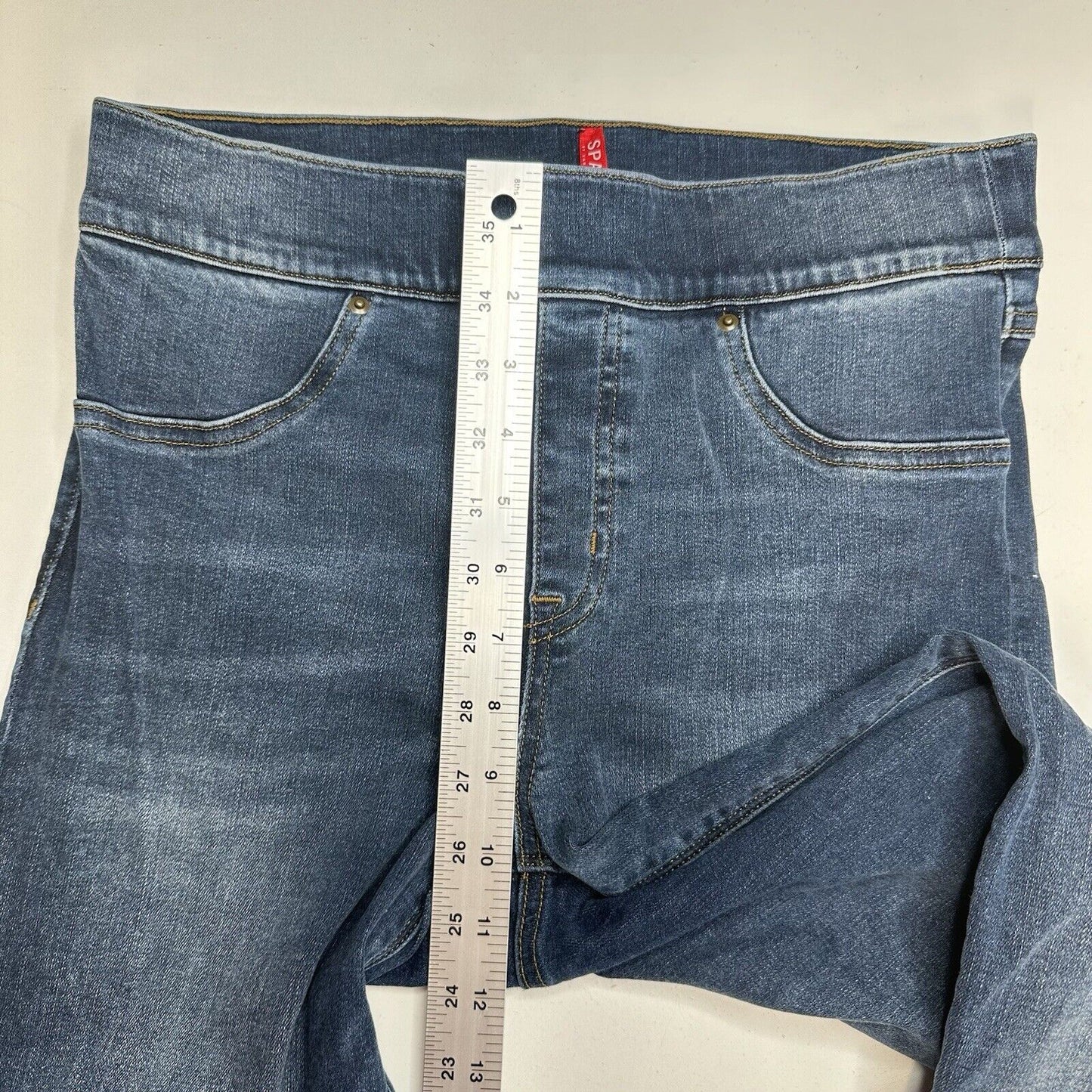 Spanx Jeans Women Medium Ankle Skinny Blue Pull On Stretch Denim Distressed Fray