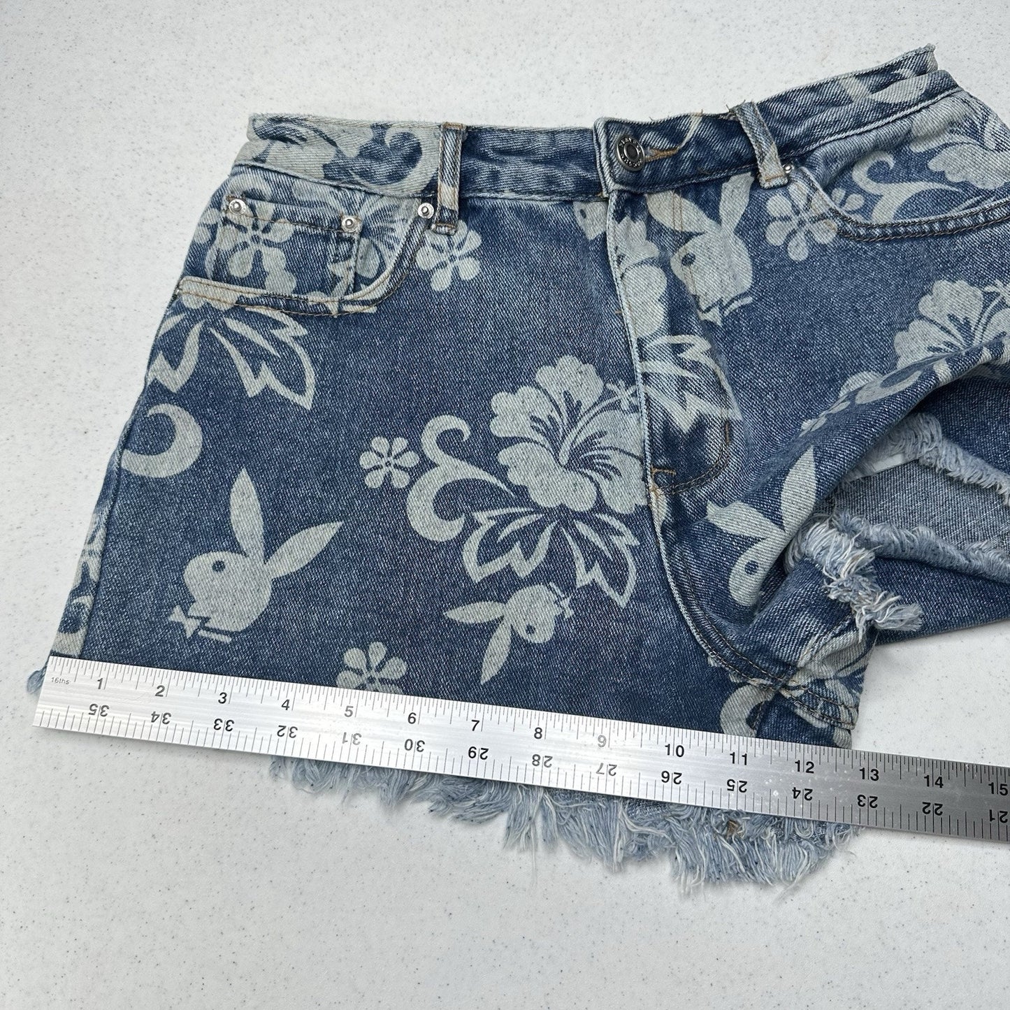PlayBoy Pacsun Shorts Womens 27 Blue Jean Denim Fringe 90s Grunge Floral Bunny
