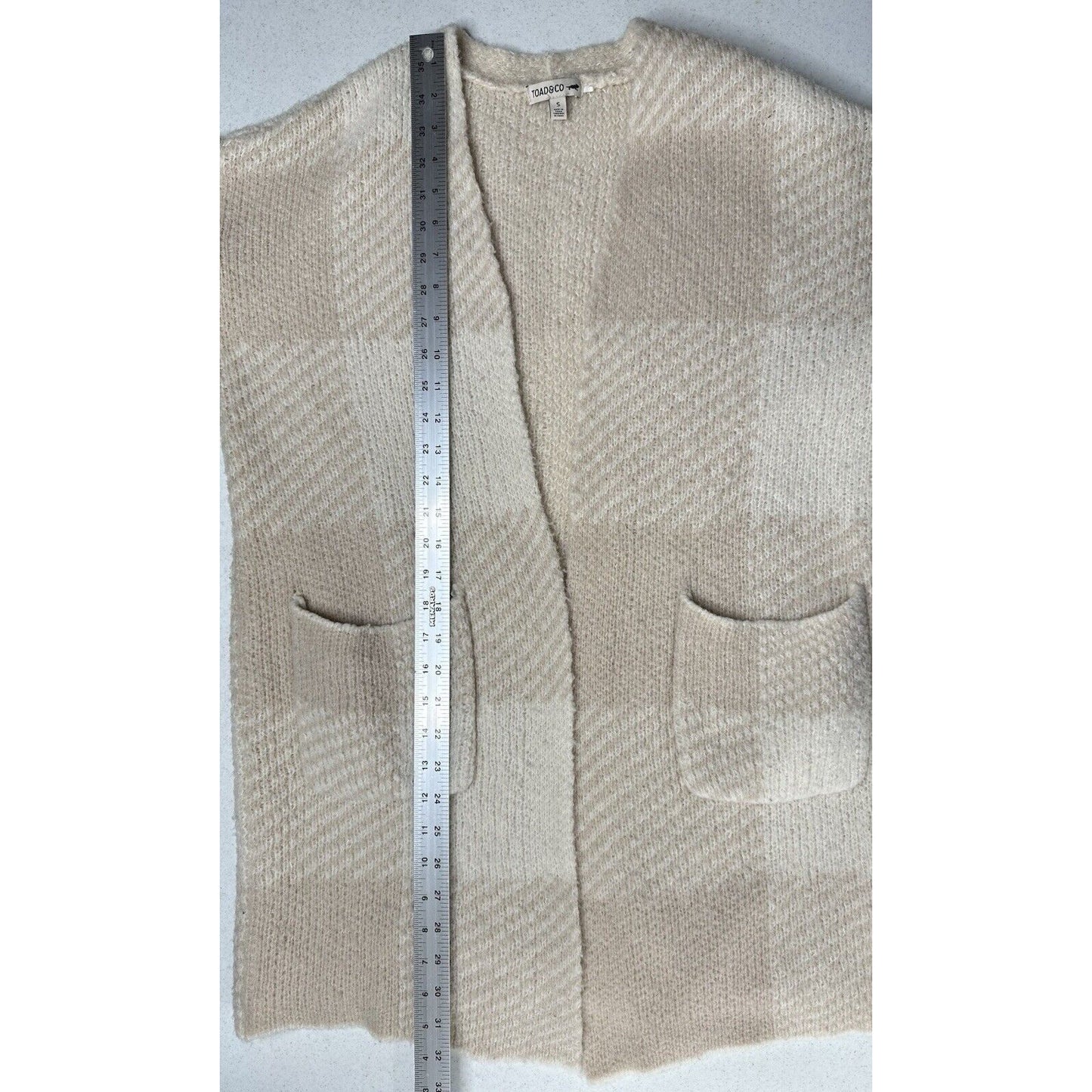 Toad Co Sweater Womens Small Cardigan Wool Blend Plaid Beige Cream Open Cozy