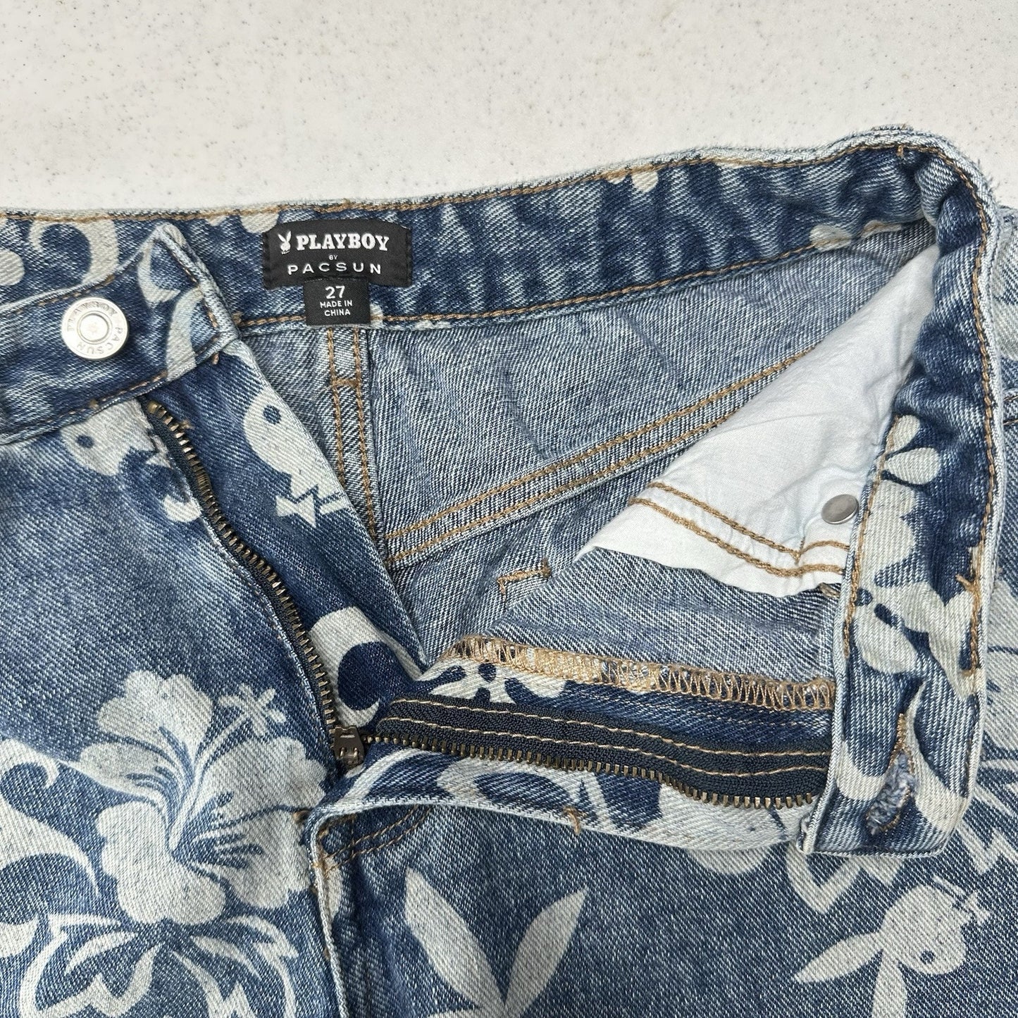 PlayBoy Pacsun Shorts Womens 27 Blue Jean Denim Fringe 90s Grunge Floral Bunny