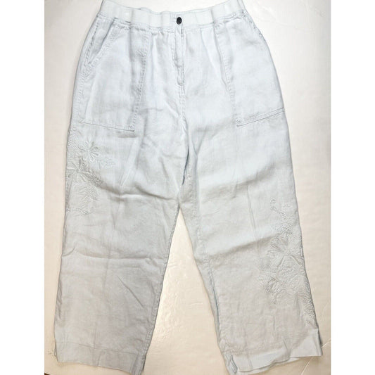 J Jill Linen Pants Womens 14 Petite Light Blue Wide Leg Ankle Floral Embroidery