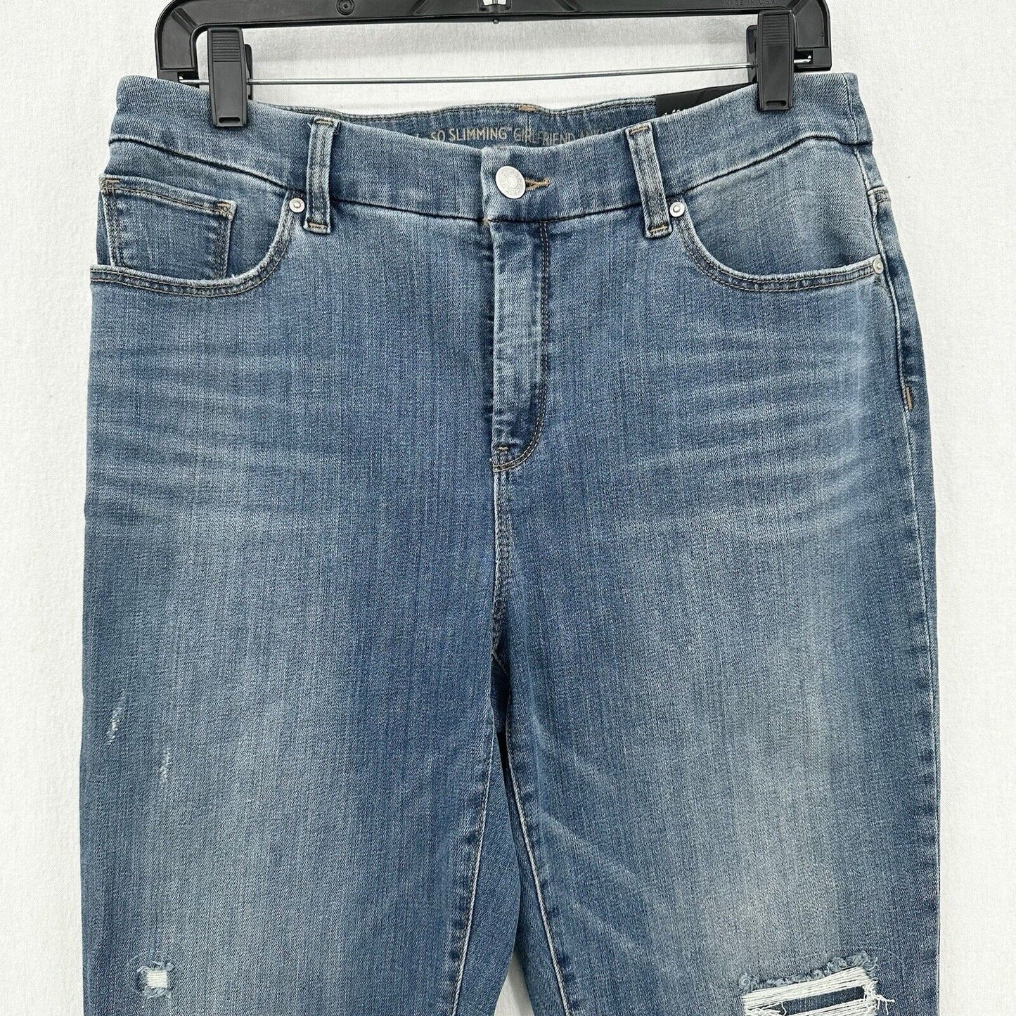 Chicos Jeans 1 US 8 So Slimming Girlfriend Ankle Stretch Blue Denim Distress NEW