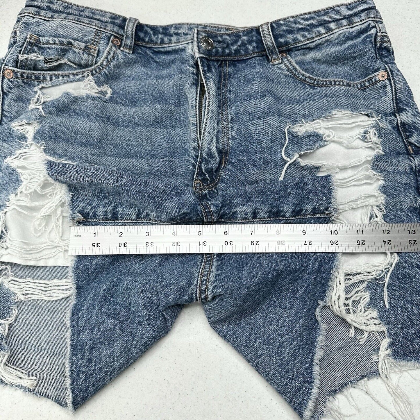 American Eagle Shorts 14 Highest Rise Baggy Midi Blue Denim Distressed Grunge