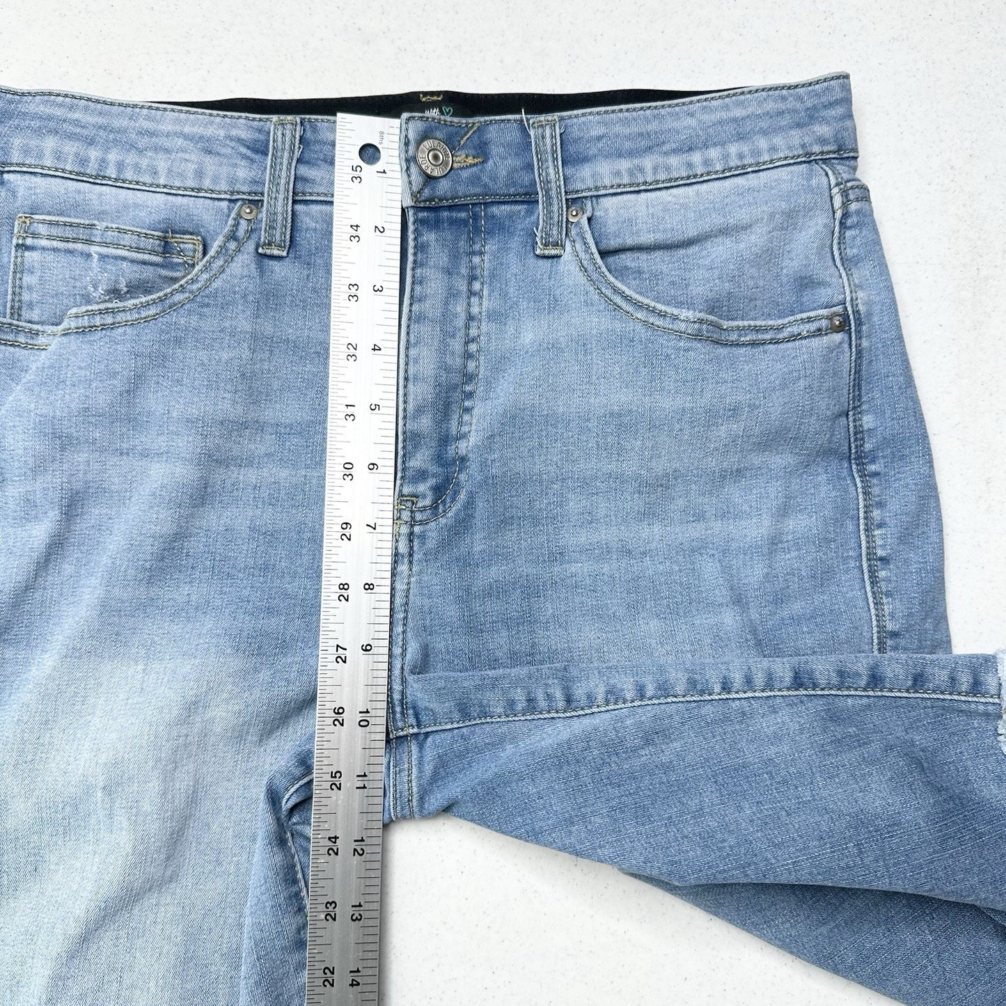 Lularoe Shorts 30 US 10 12 Skinny Bermuda Cuffed Blue Denim Tummy Panel Distress