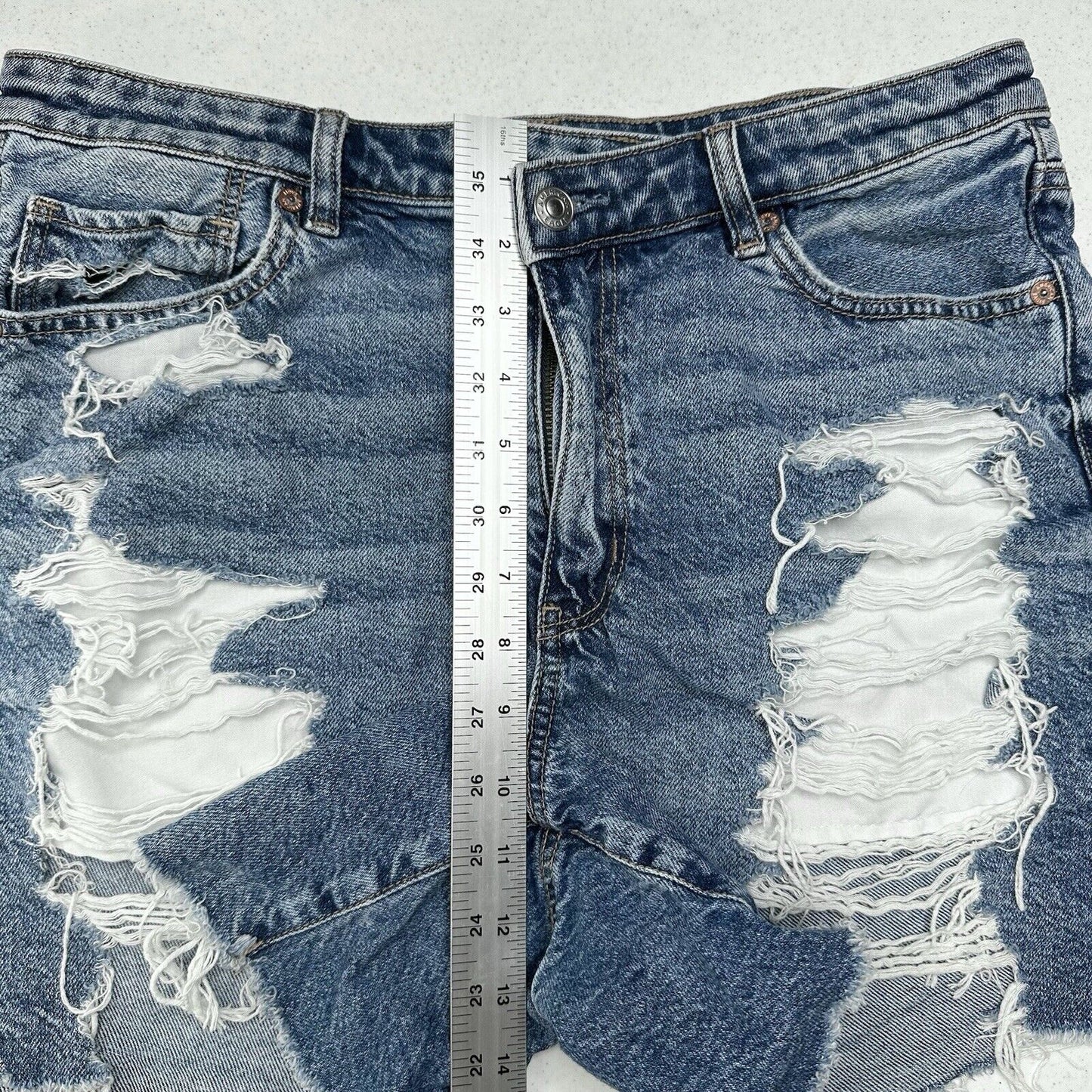 American Eagle Shorts 14 Highest Rise Baggy Midi Blue Denim Distressed Grunge