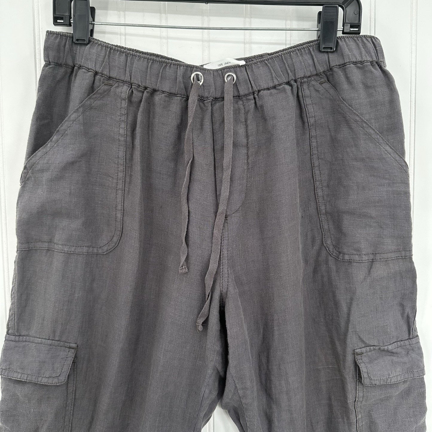 Nicole Miller Pants Womens Large Linen Cargo Jogger Gray Pull On Coastal Beach