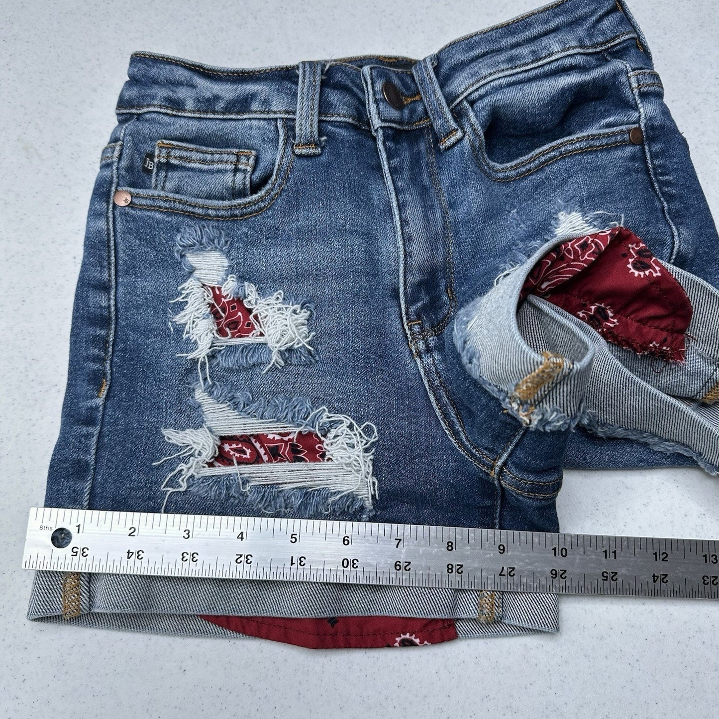 Judy Blue Shorts Womens XS Cuffed Blue Jean Denim Distressed Bandana Print *Flaw