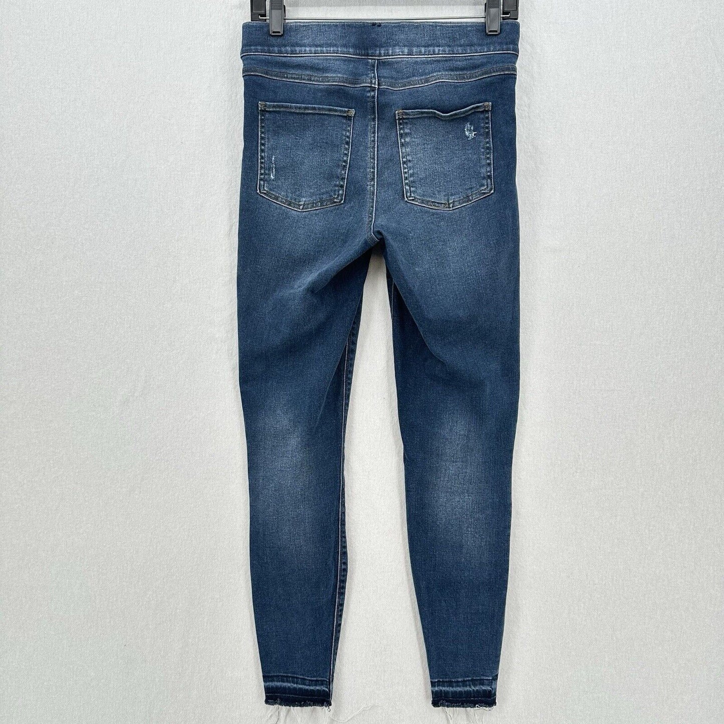 Spanx Jeans Women Medium Ankle Skinny Blue Pull On Stretch Denim Distressed Fray