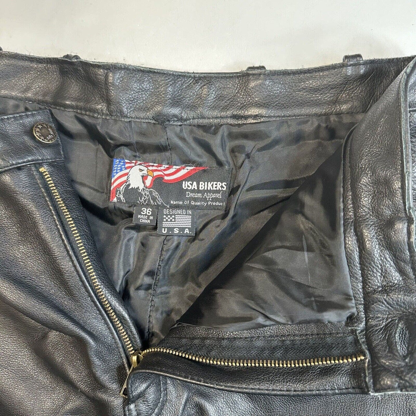 USA Bikers Over Pants Men 36x29 Black Genuine Leather Motorcycle Zipper *Smaller