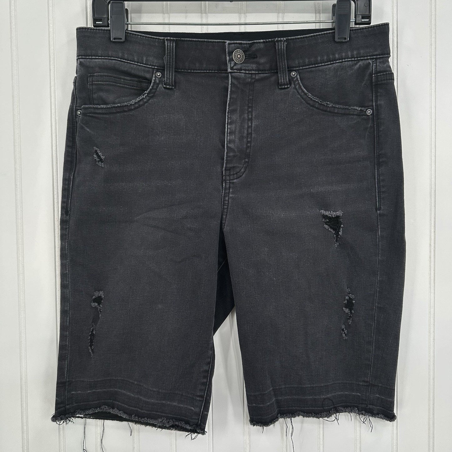 Lularoe Shorts 30 US 10 12 Skinny Bermuda Black Denim Tummy Panel DistressGrunge