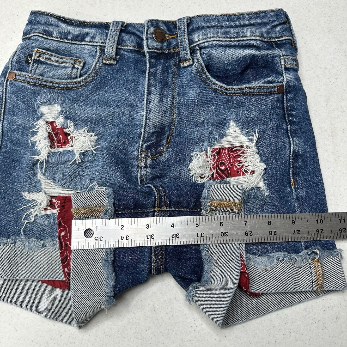 Judy Blue Shorts Womens XS Cuffed Blue Jean Denim Distressed Bandana Print *Flaw