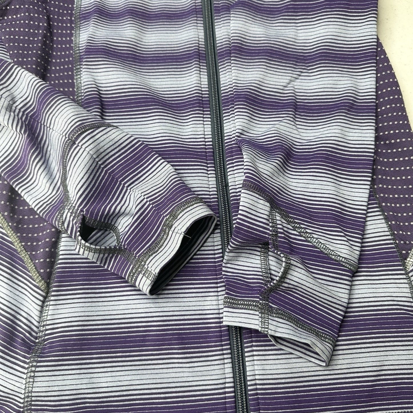 Title Nine Sweater Womens Small Full Zip Top Purple Stripes Jacket Thumbholes