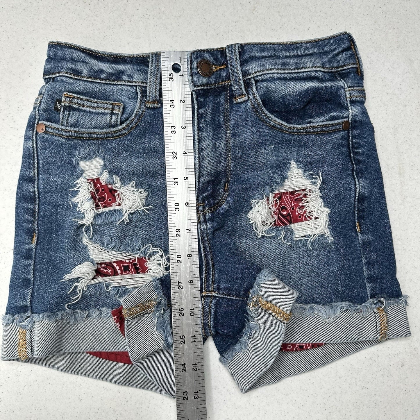 Judy Blue Shorts Womens XS Cuffed Blue Jean Denim Distressed Bandana Print *Flaw
