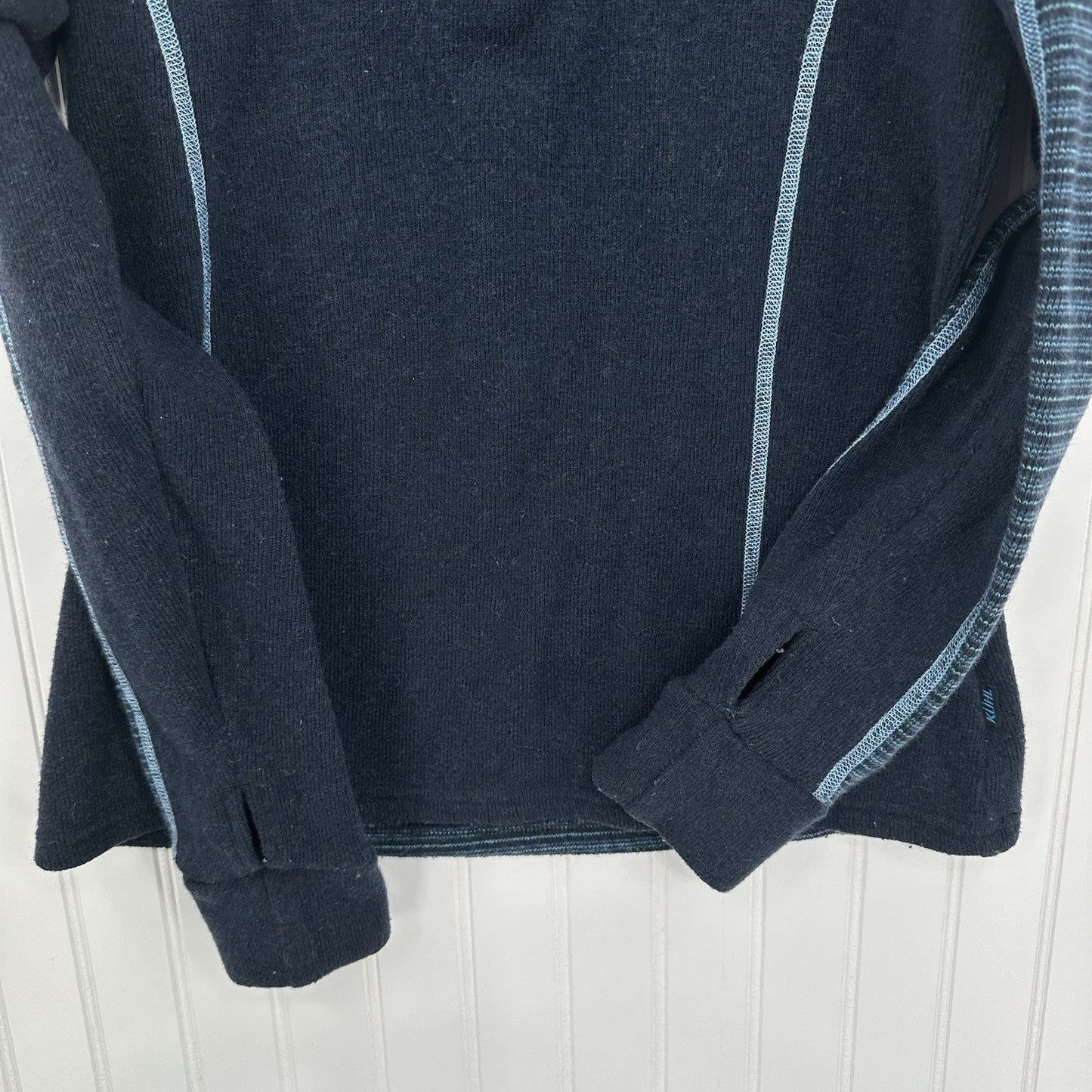 KUHL Sweater Mens M Chianti Fleece 1/4 Zip Blue Wool Blend Long Sleeve Thumbhole