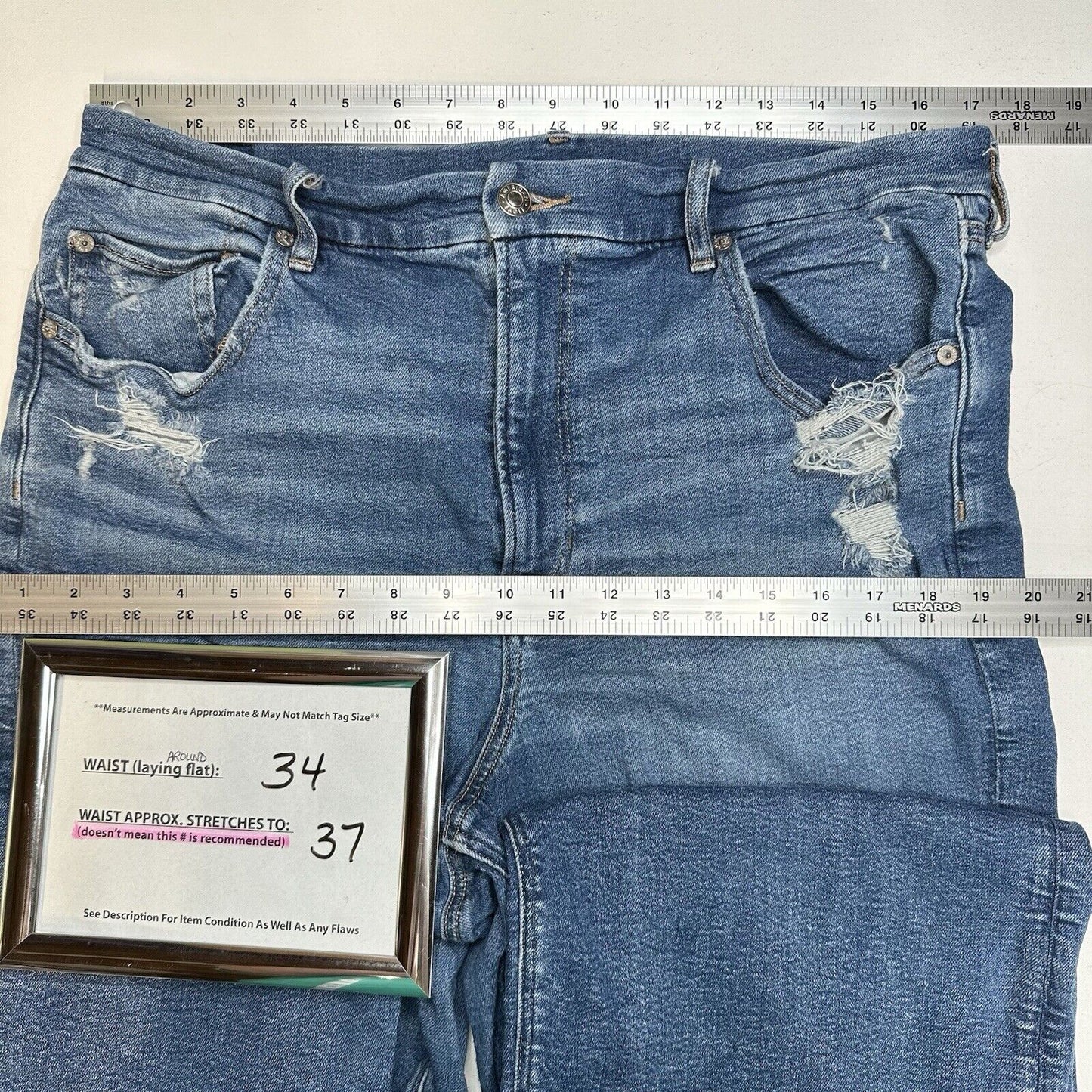 American Eagle Jeans 18 Baggy Straight Curvy Super Hi Rise Denim Distress *Flaw